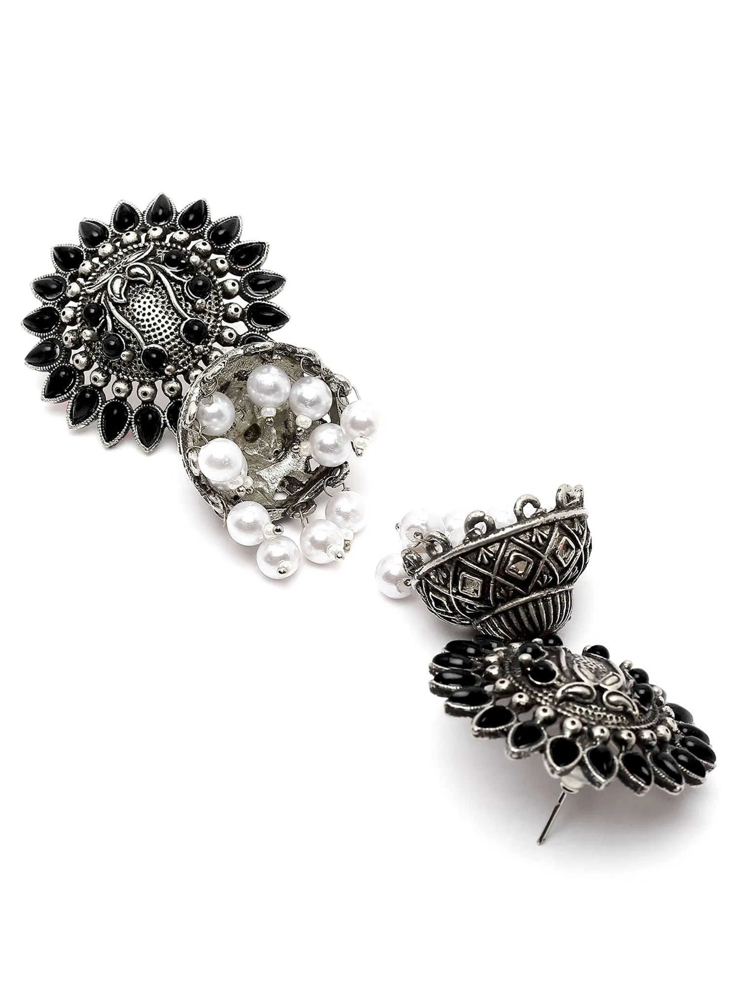 Karatcart Oxidised Silver Black Stone Studded Jhumki Earring for Women
