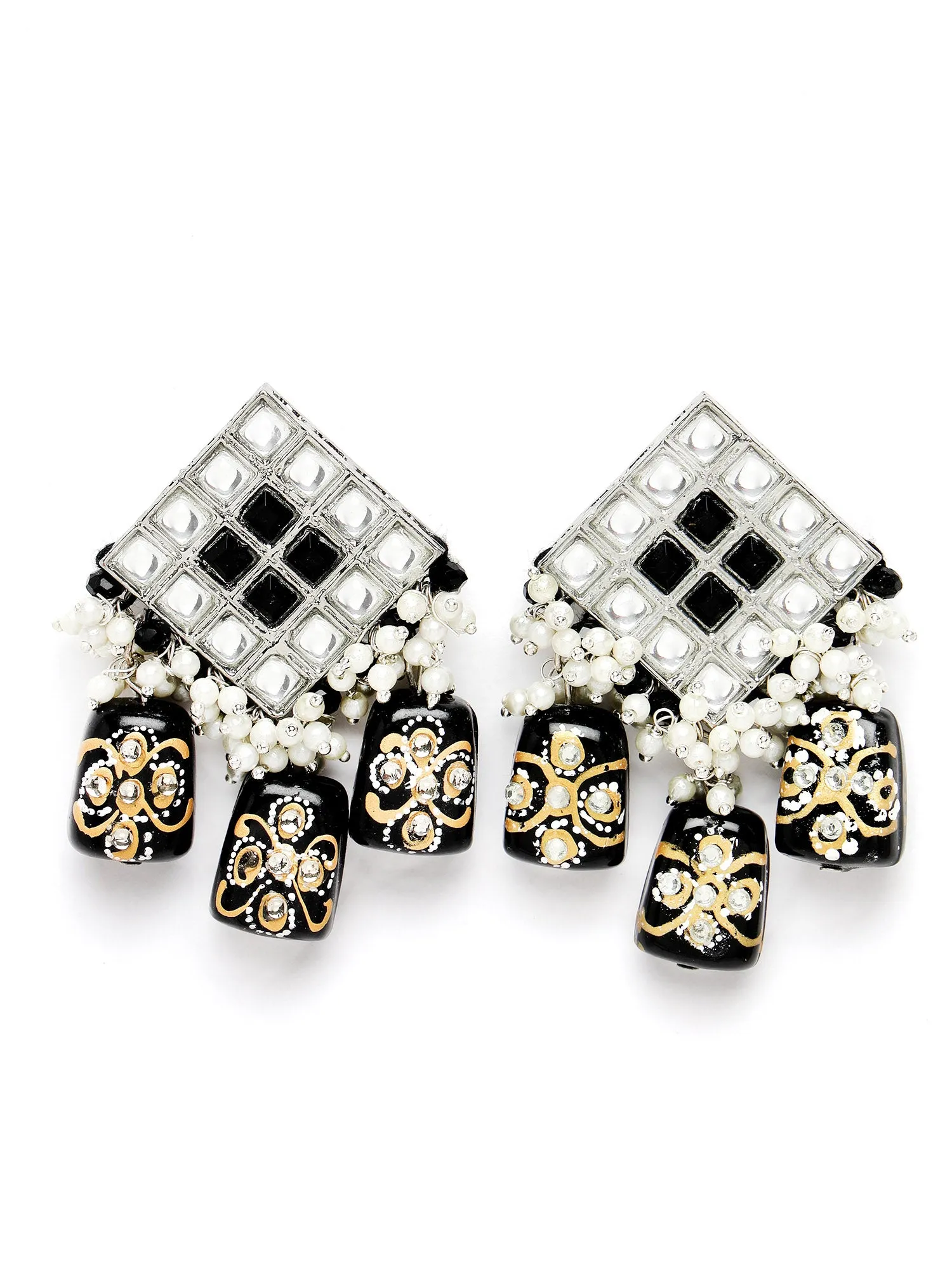 Karatcart Oxidised Silver Black Tumble Studded Diamond Shape Kundan Dangler Earrings for Women