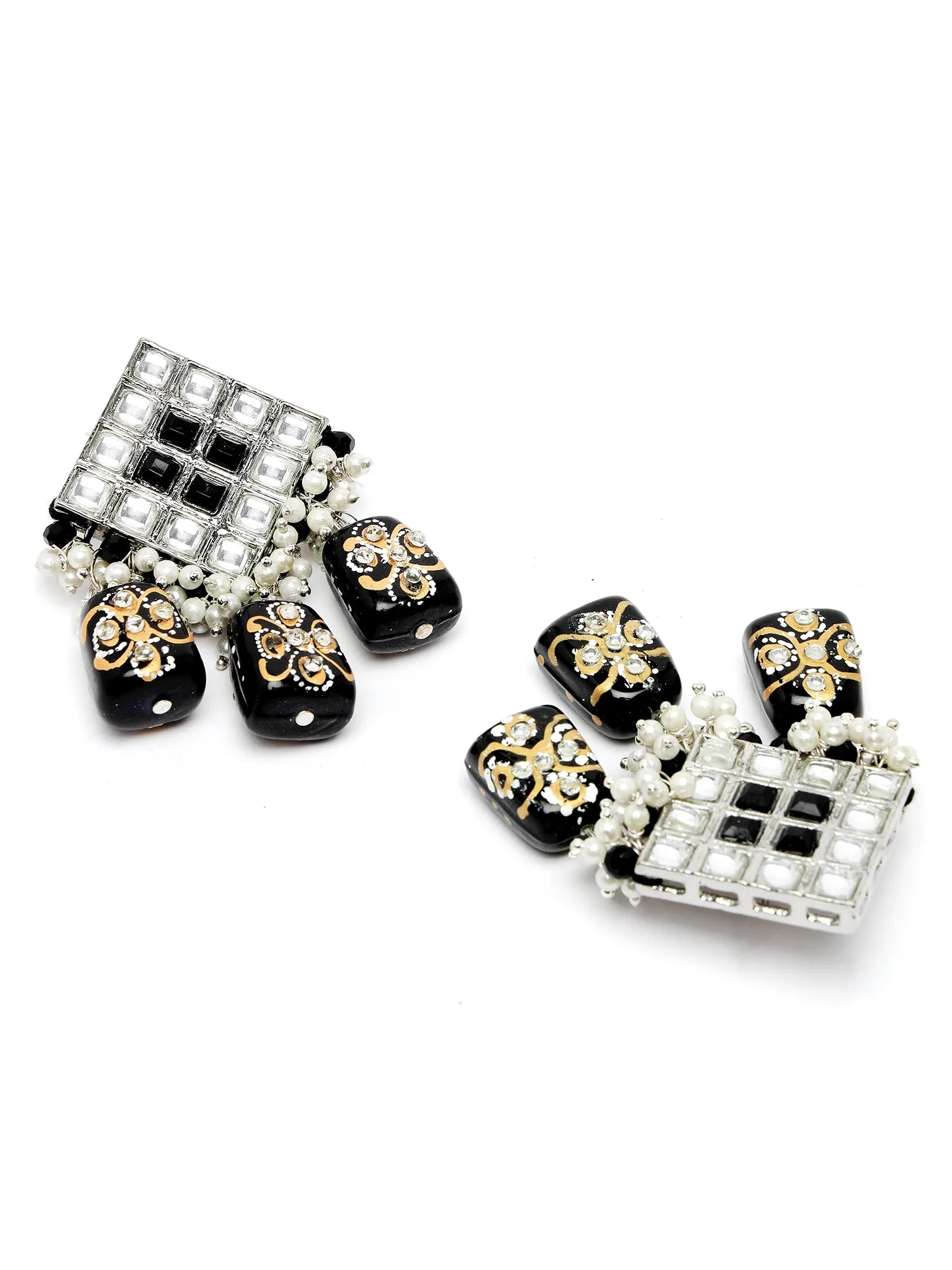 Karatcart Oxidised Silver Black Tumble Studded Diamond Shape Kundan Dangler Earrings for Women