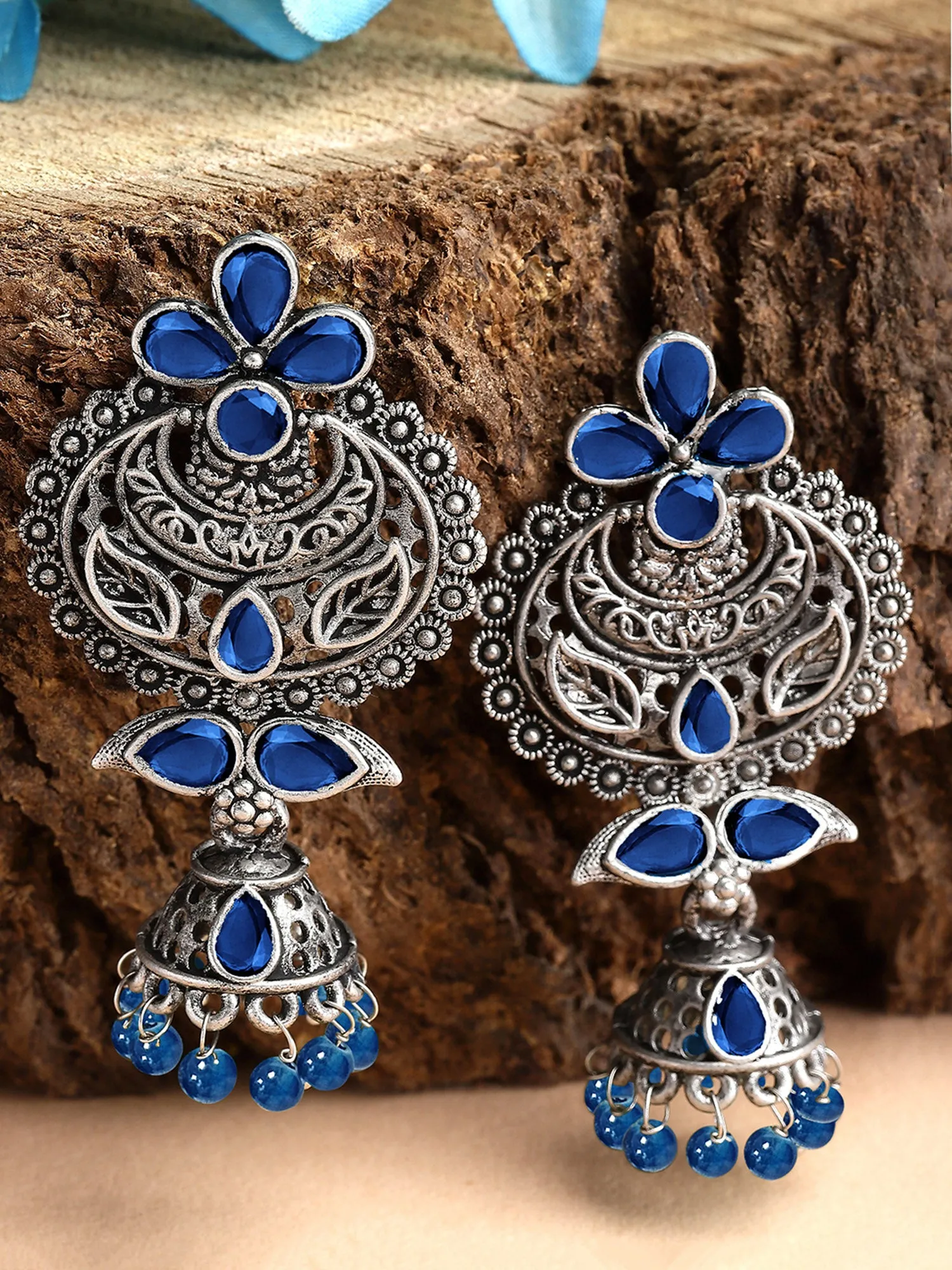 Karatcart Oxidised Silver Blue Beads and Stone Studded Dangler Earring for Women