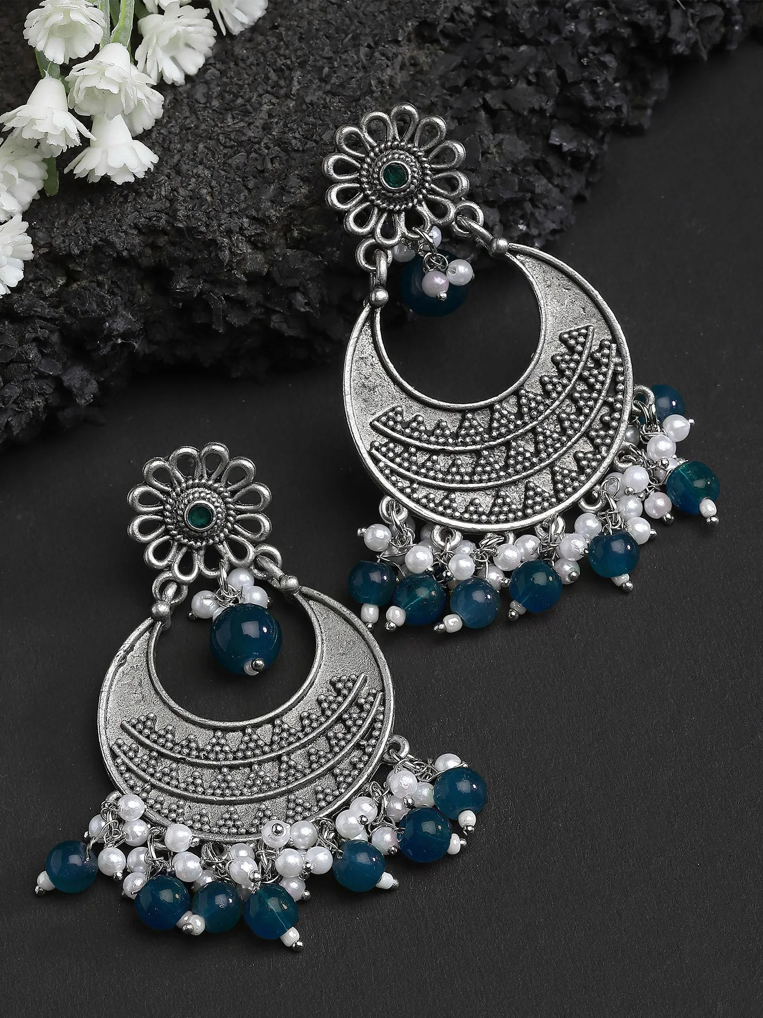 Karatcart Oxidised Silver Blue Beads Dangler Earrings for Women