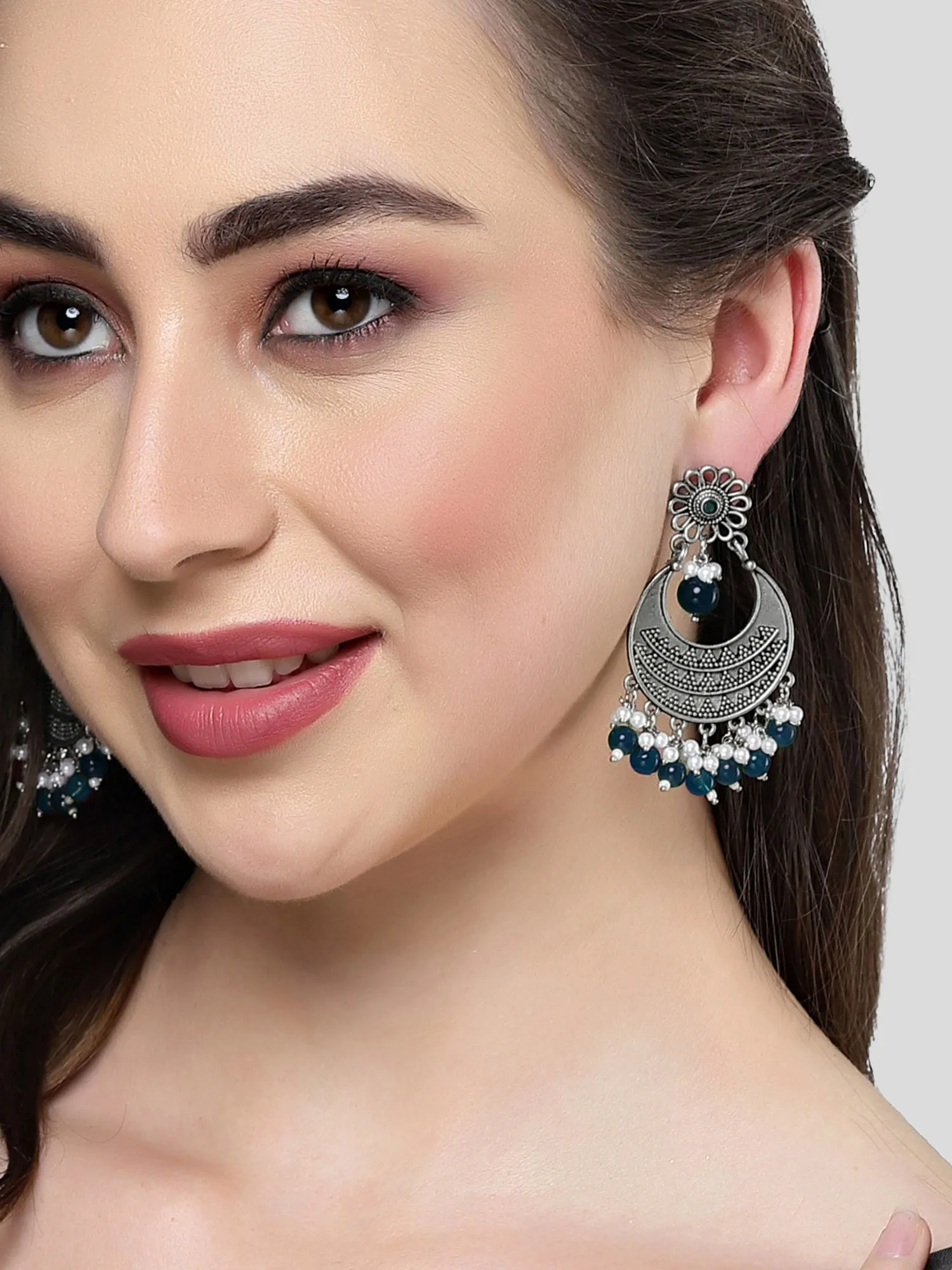 Karatcart Oxidised Silver Blue Beads Dangler Earrings for Women