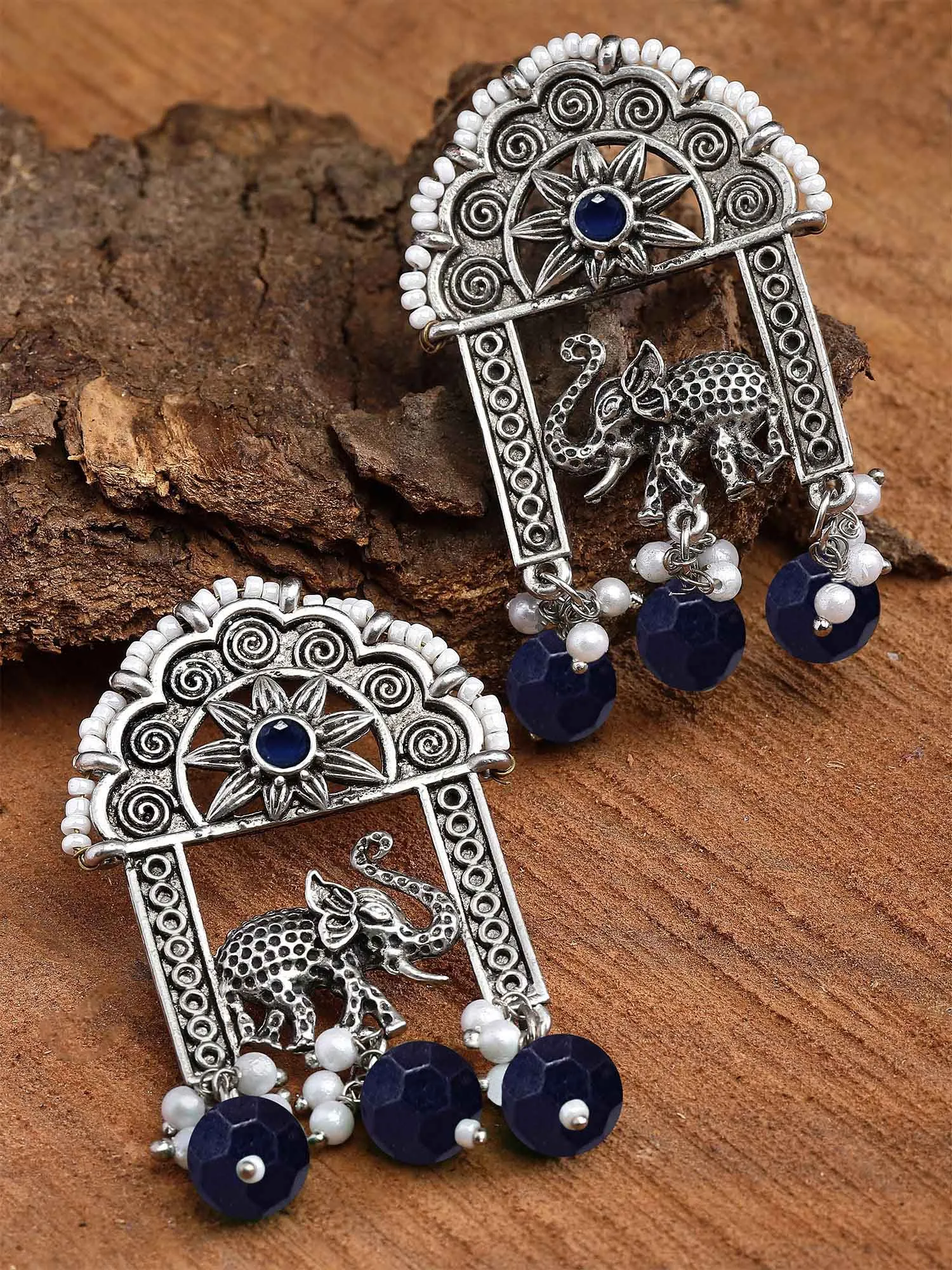 Karatcart Oxidised Silver Blue Beads Elephant Design Dangler Earrings for Women