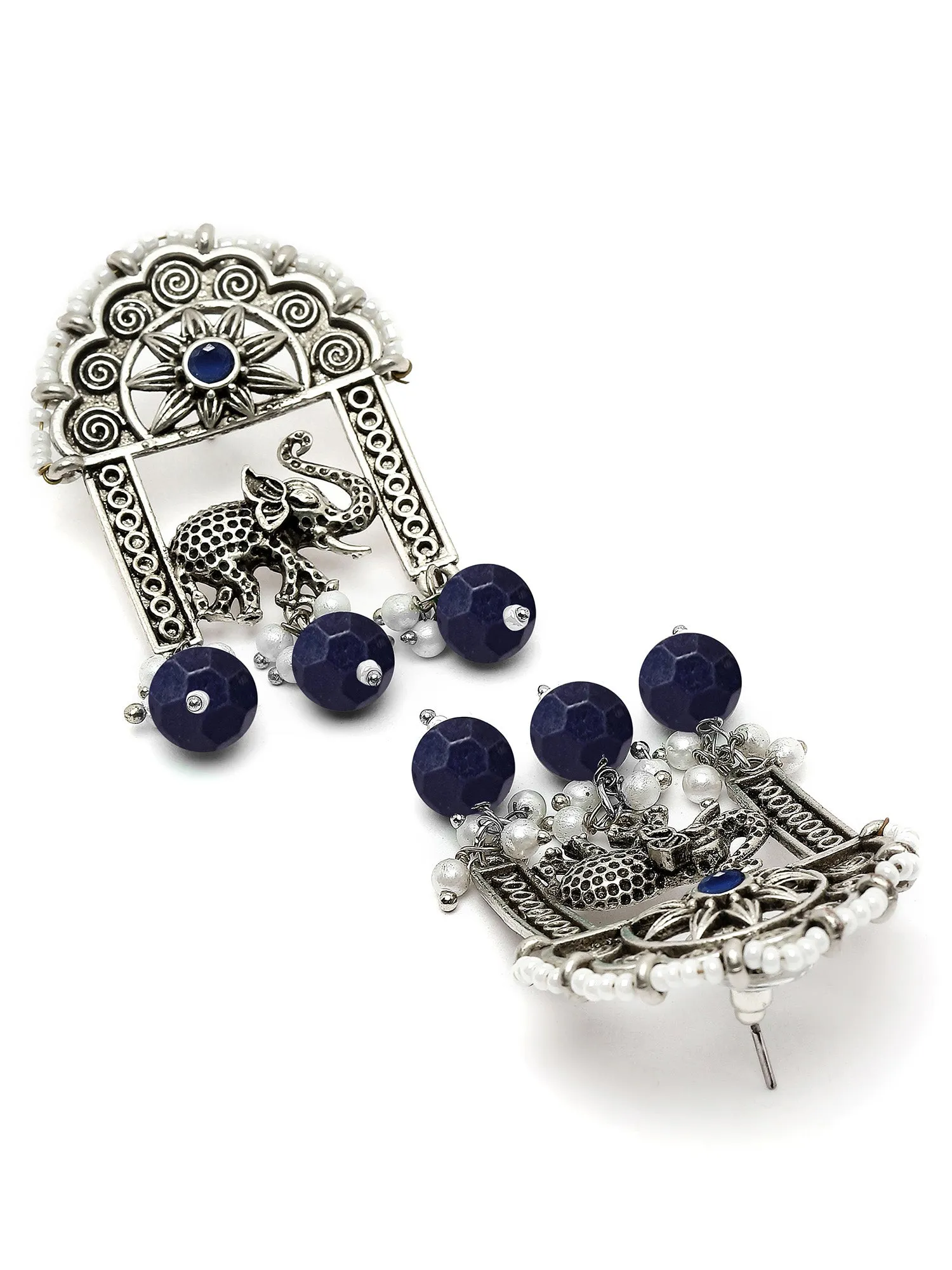 Karatcart Oxidised Silver Blue Beads Elephant Design Dangler Earrings for Women