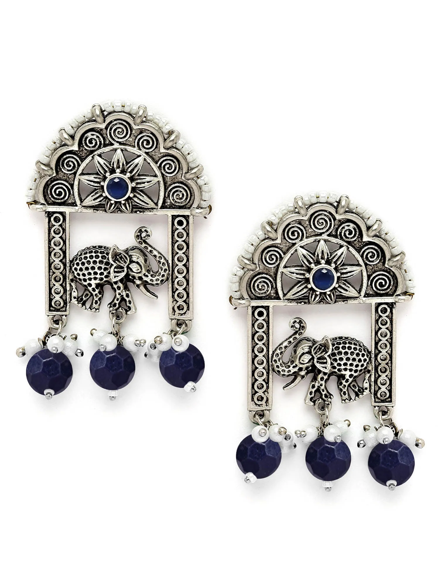 Karatcart Oxidised Silver Blue Beads Elephant Design Dangler Earrings for Women