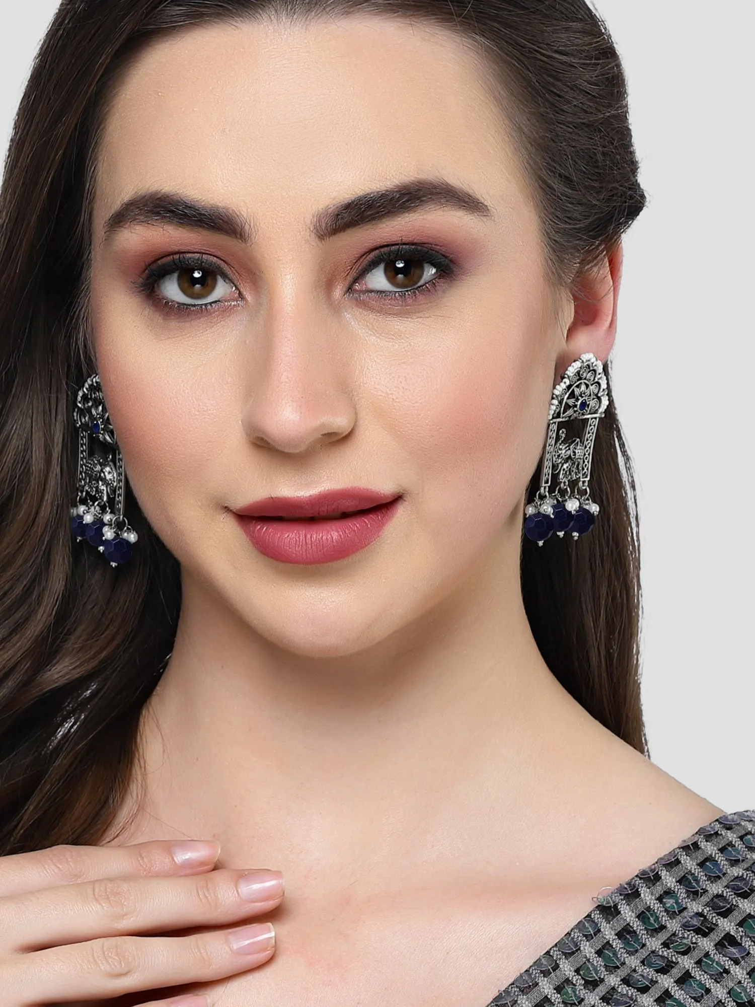 Karatcart Oxidised Silver Blue Beads Elephant Design Dangler Earrings for Women