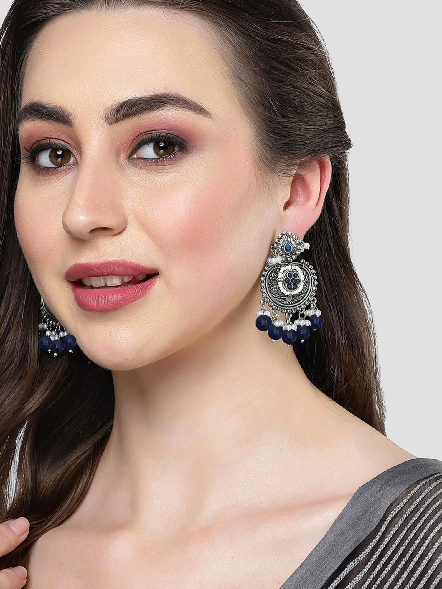 Karatcart Oxidised Silver Blue Beads Floral Drop Earrings for Women