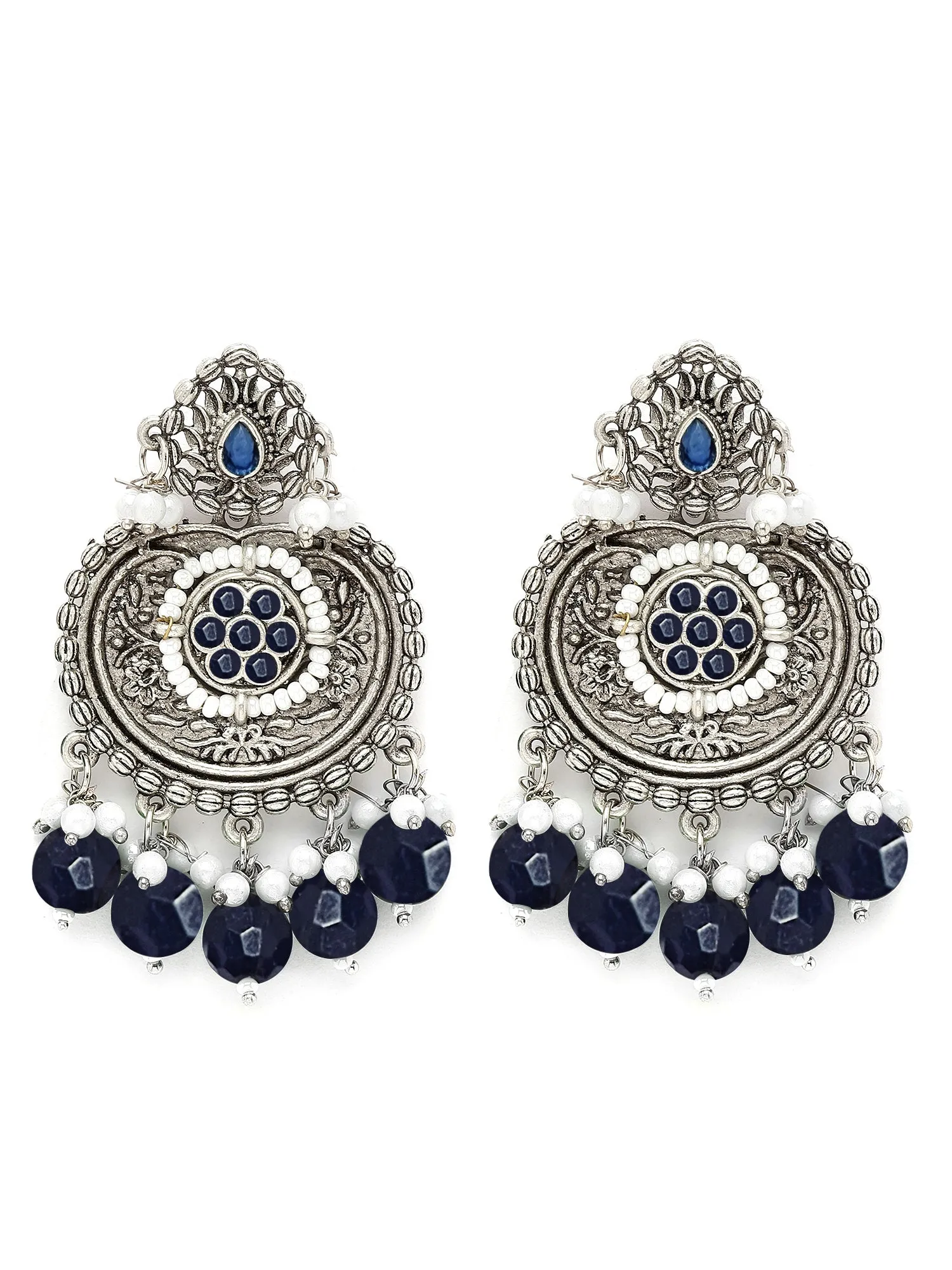 Karatcart Oxidised Silver Blue Beads Floral Drop Earrings for Women