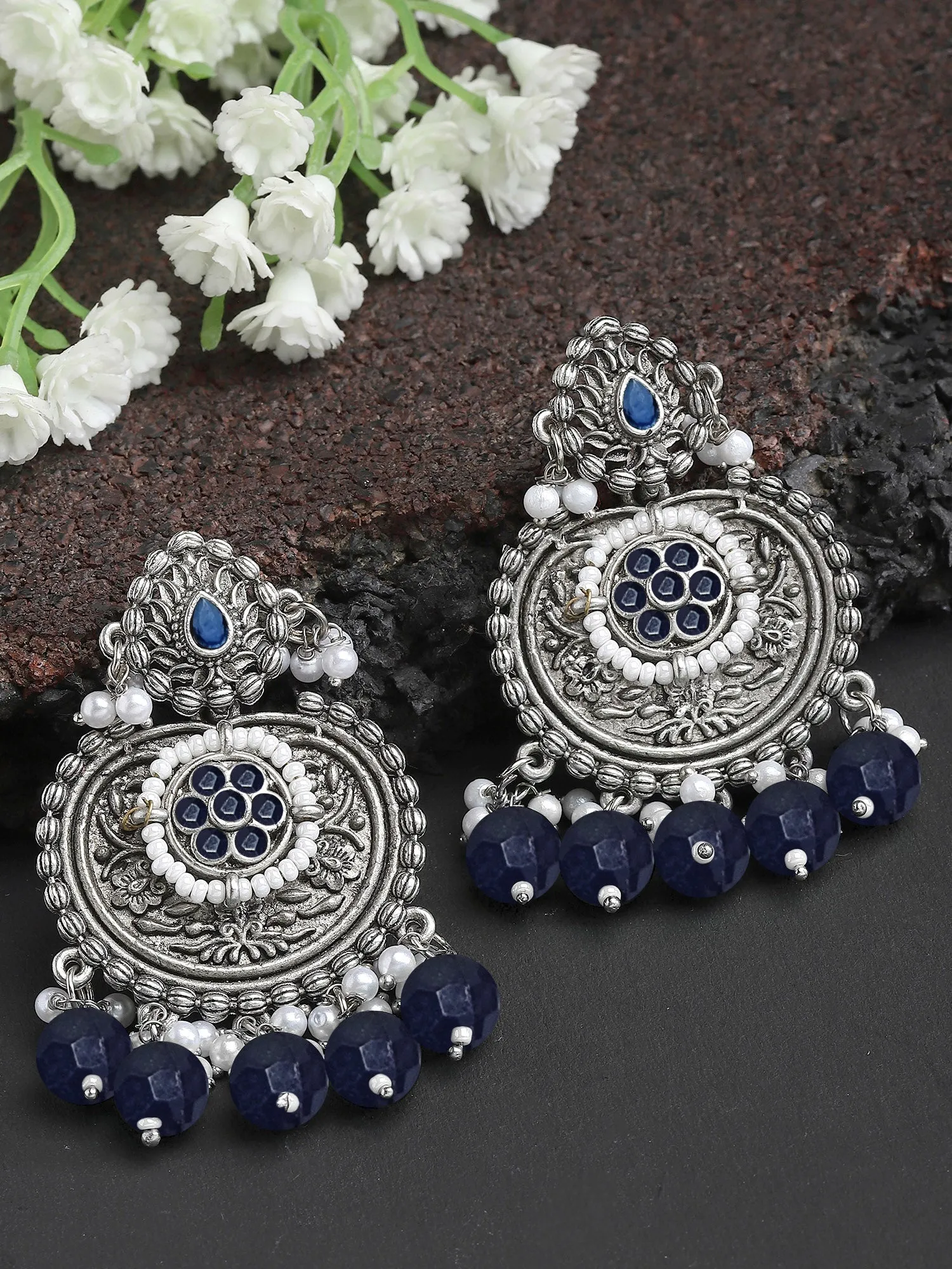 Karatcart Oxidised Silver Blue Beads Floral Drop Earrings for Women