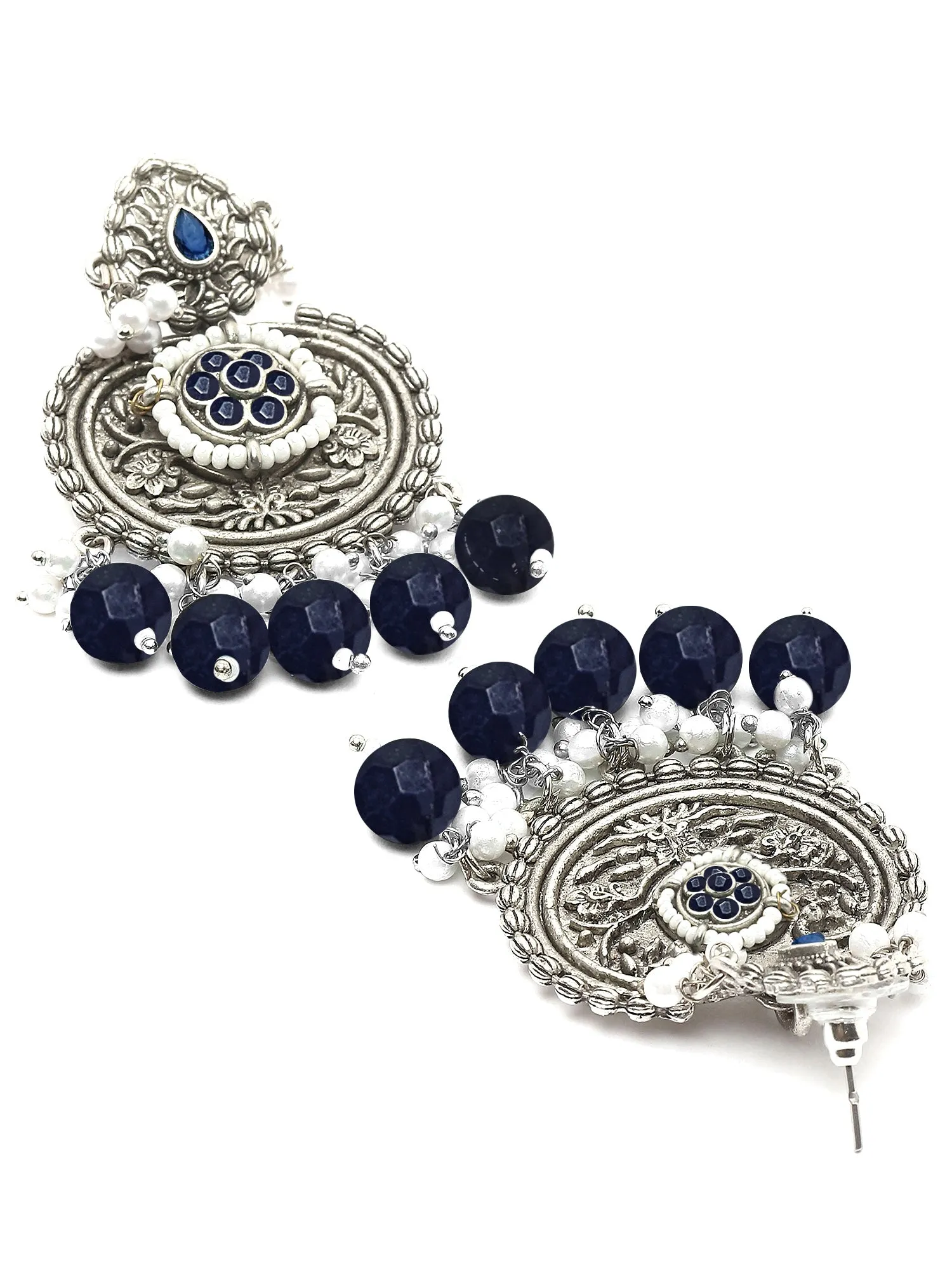 Karatcart Oxidised Silver Blue Beads Floral Drop Earrings for Women