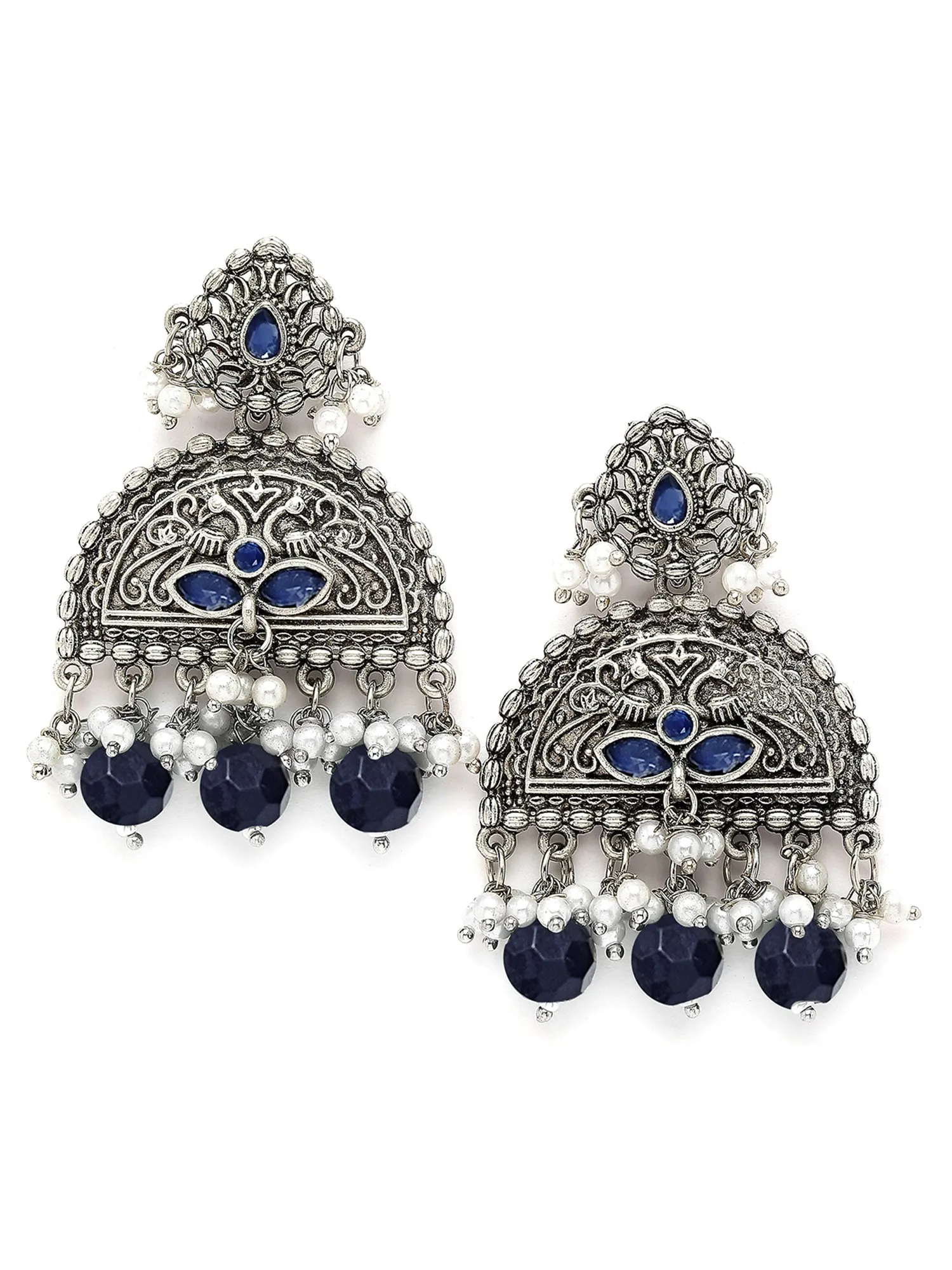 Karatcart Oxidised Silver Blue Beads Peacock Design Dangler Earrings for Women