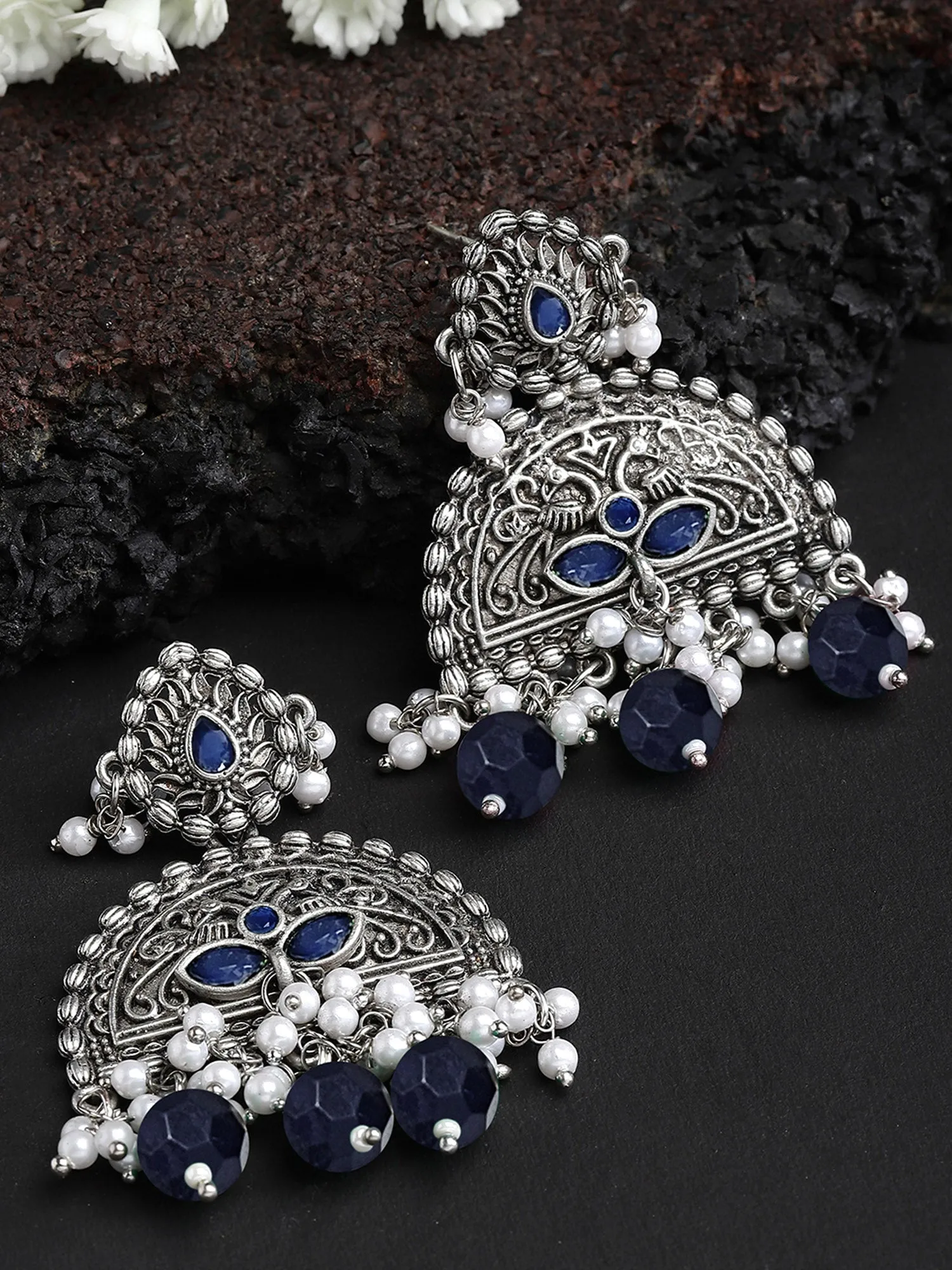 Karatcart Oxidised Silver Blue Beads Peacock Design Dangler Earrings for Women