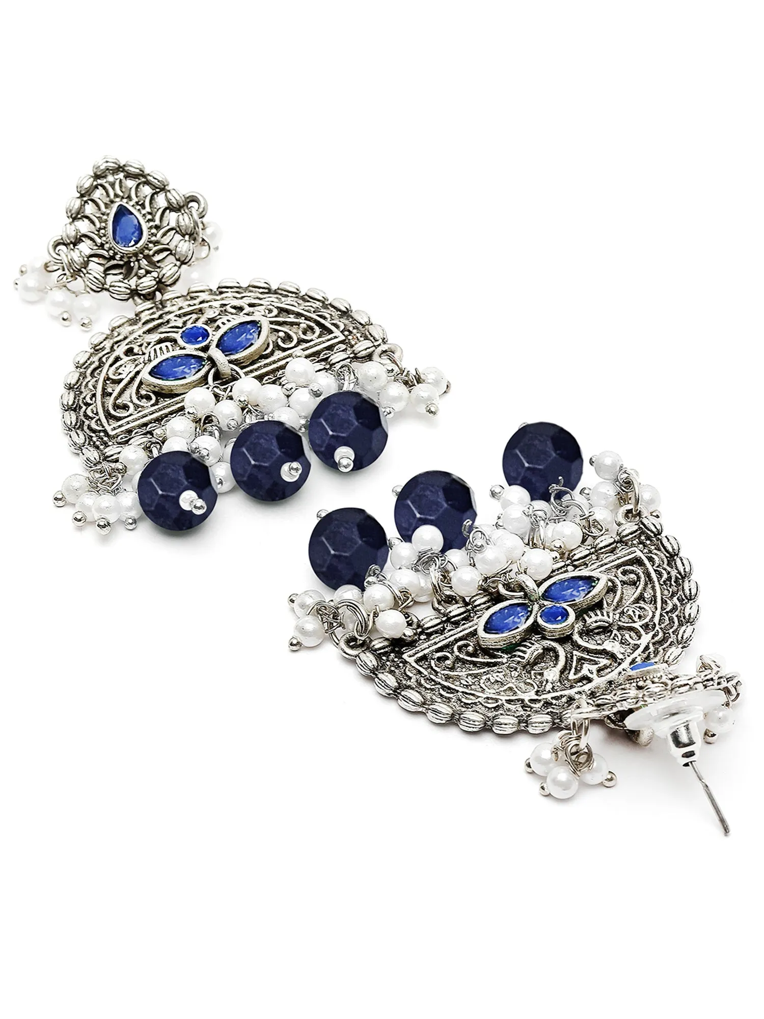 Karatcart Oxidised Silver Blue Beads Peacock Design Dangler Earrings for Women