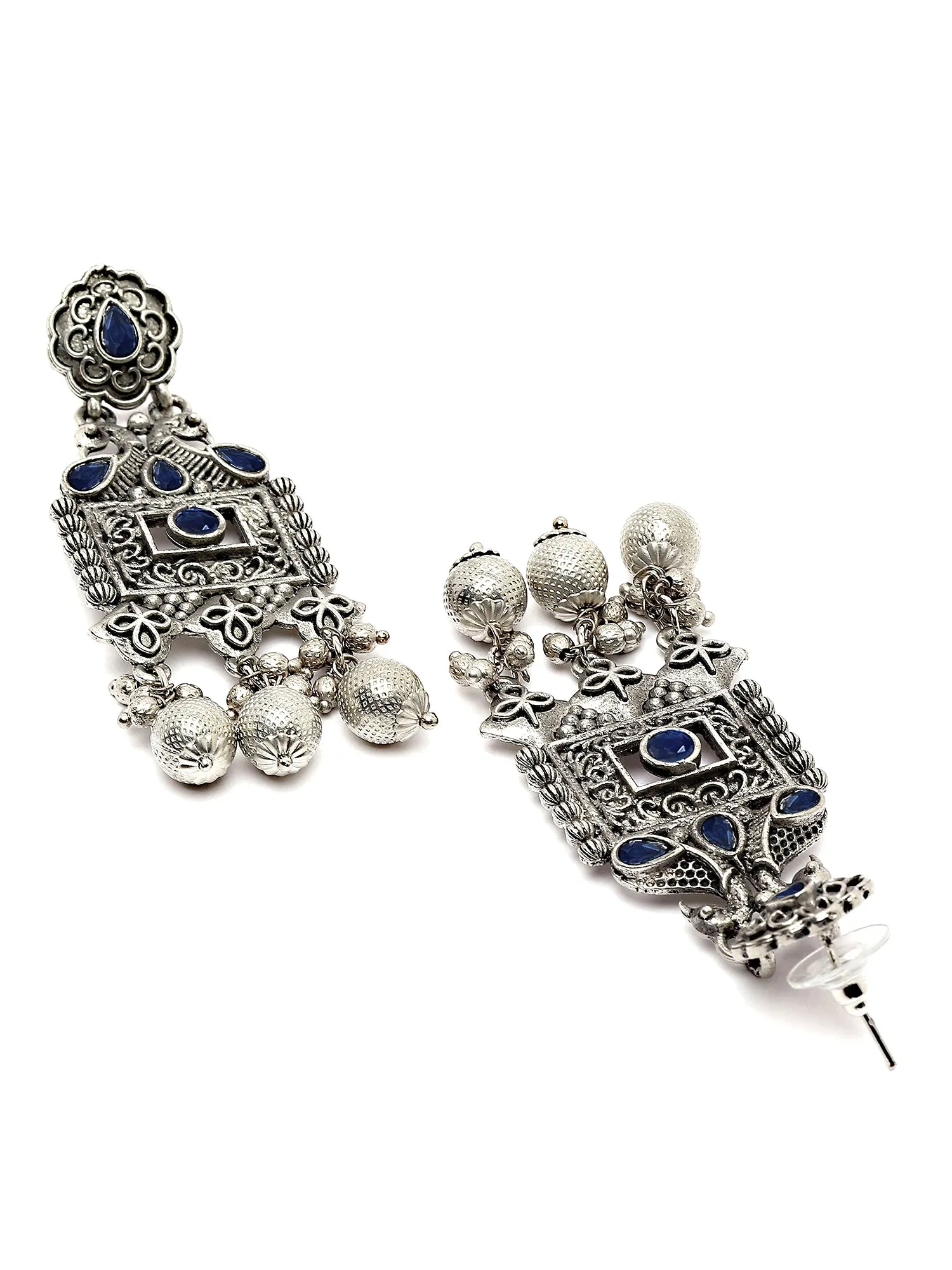 Karatcart Oxidised Silver Blue Kundan Studded Drop Earrings for Women