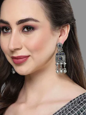 Karatcart Oxidised Silver Blue Kundan Studded Drop Earrings for Women