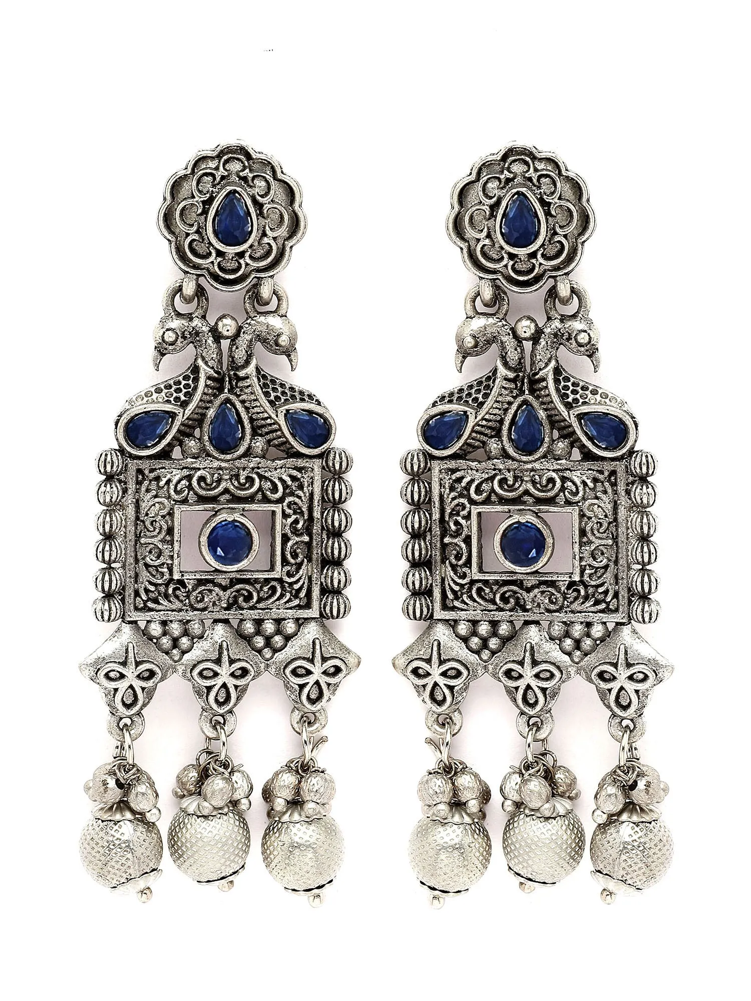 Karatcart Oxidised Silver Blue Kundan Studded Drop Earrings for Women