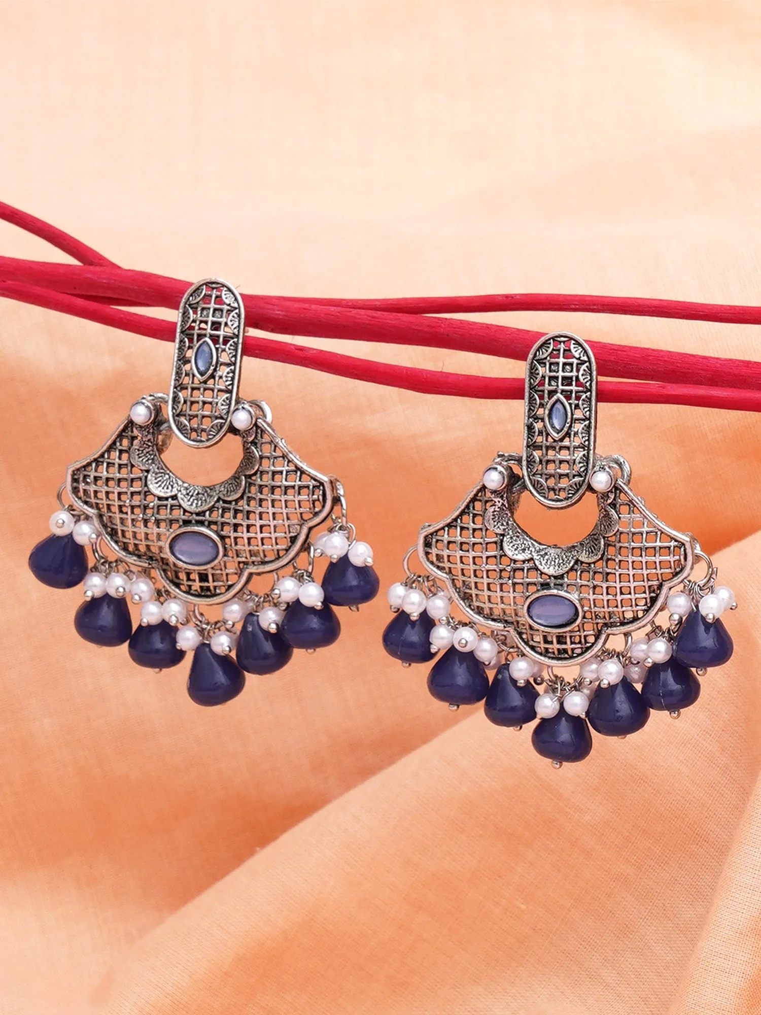 Karatcart Oxidised Silver Blue Monalisa Stone and Pearl Studded Dangler Earrings for Women