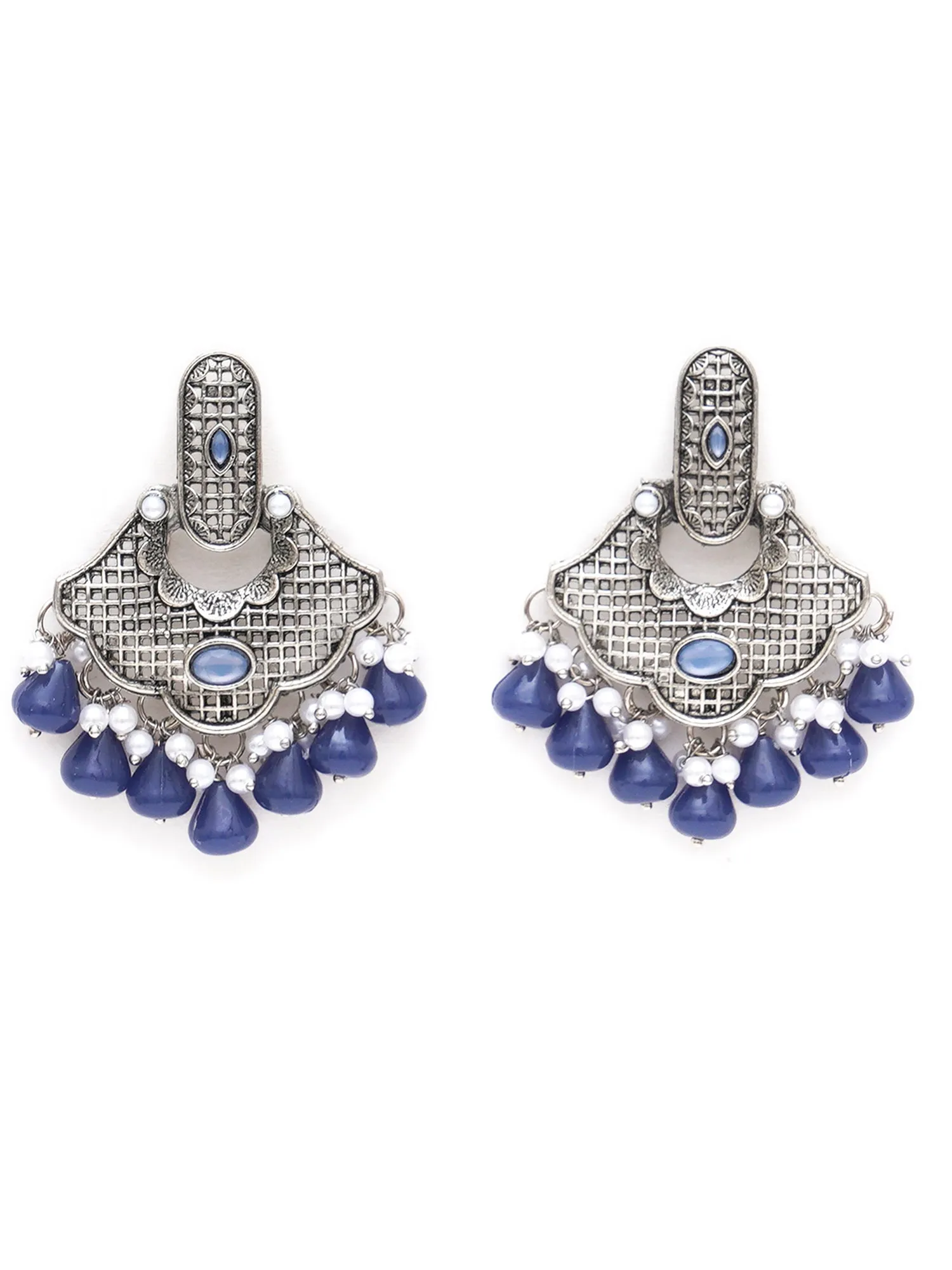 Karatcart Oxidised Silver Blue Monalisa Stone and Pearl Studded Dangler Earrings for Women