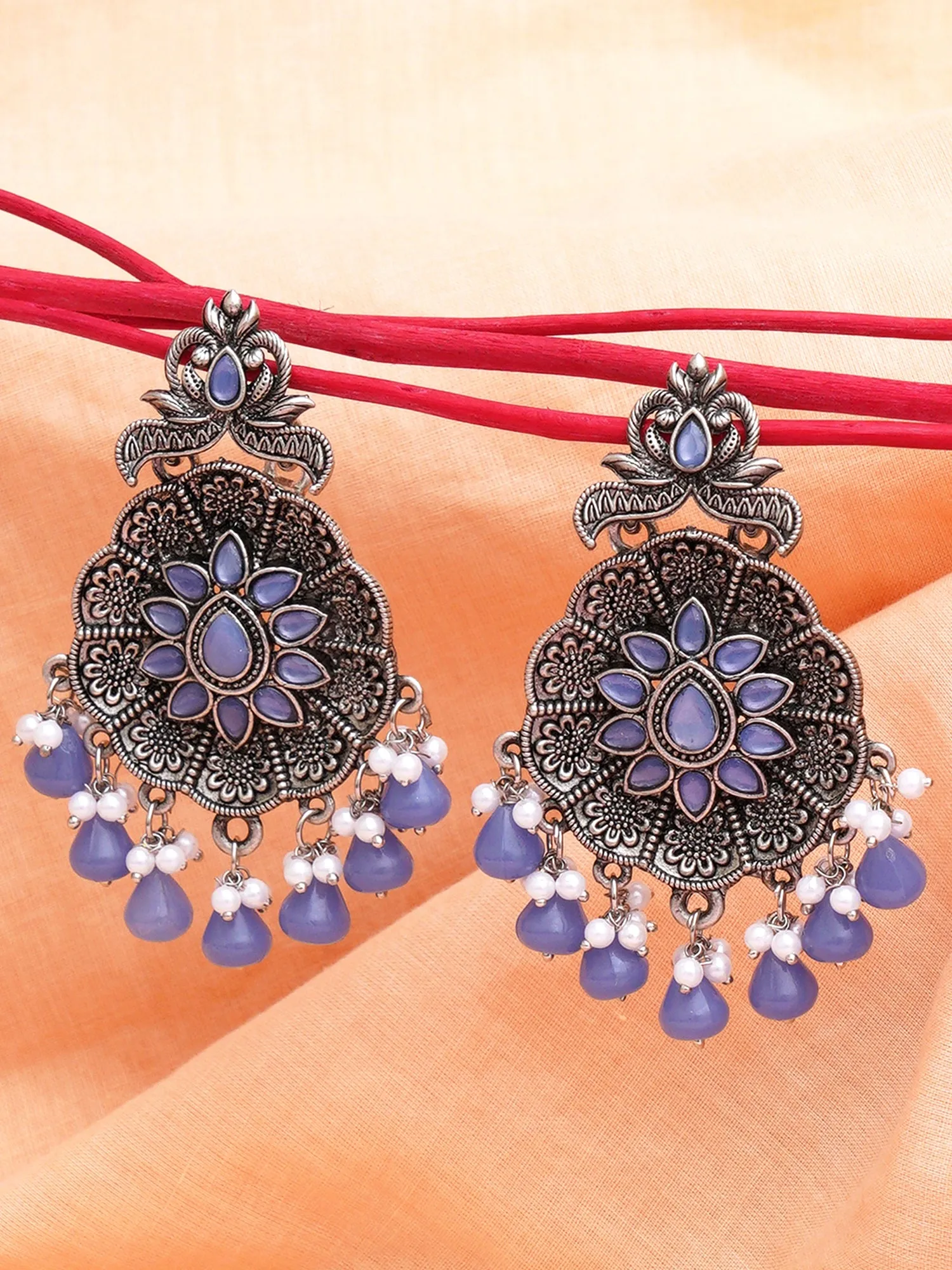 Karatcart Oxidised Silver Blue Monalisa Stone Studded Floral Dangler Earrings for Women
