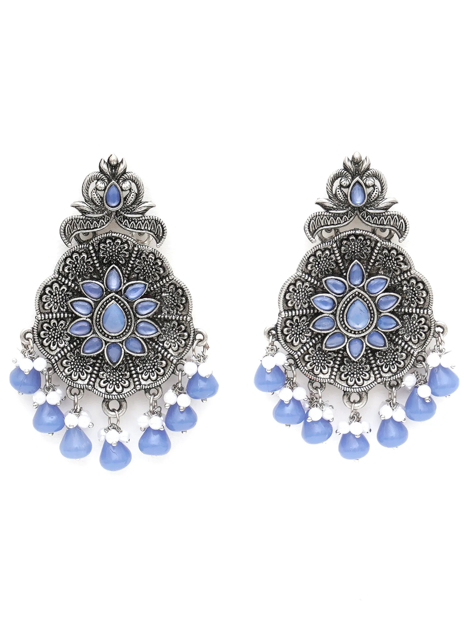 Karatcart Oxidised Silver Blue Monalisa Stone Studded Floral Dangler Earrings for Women