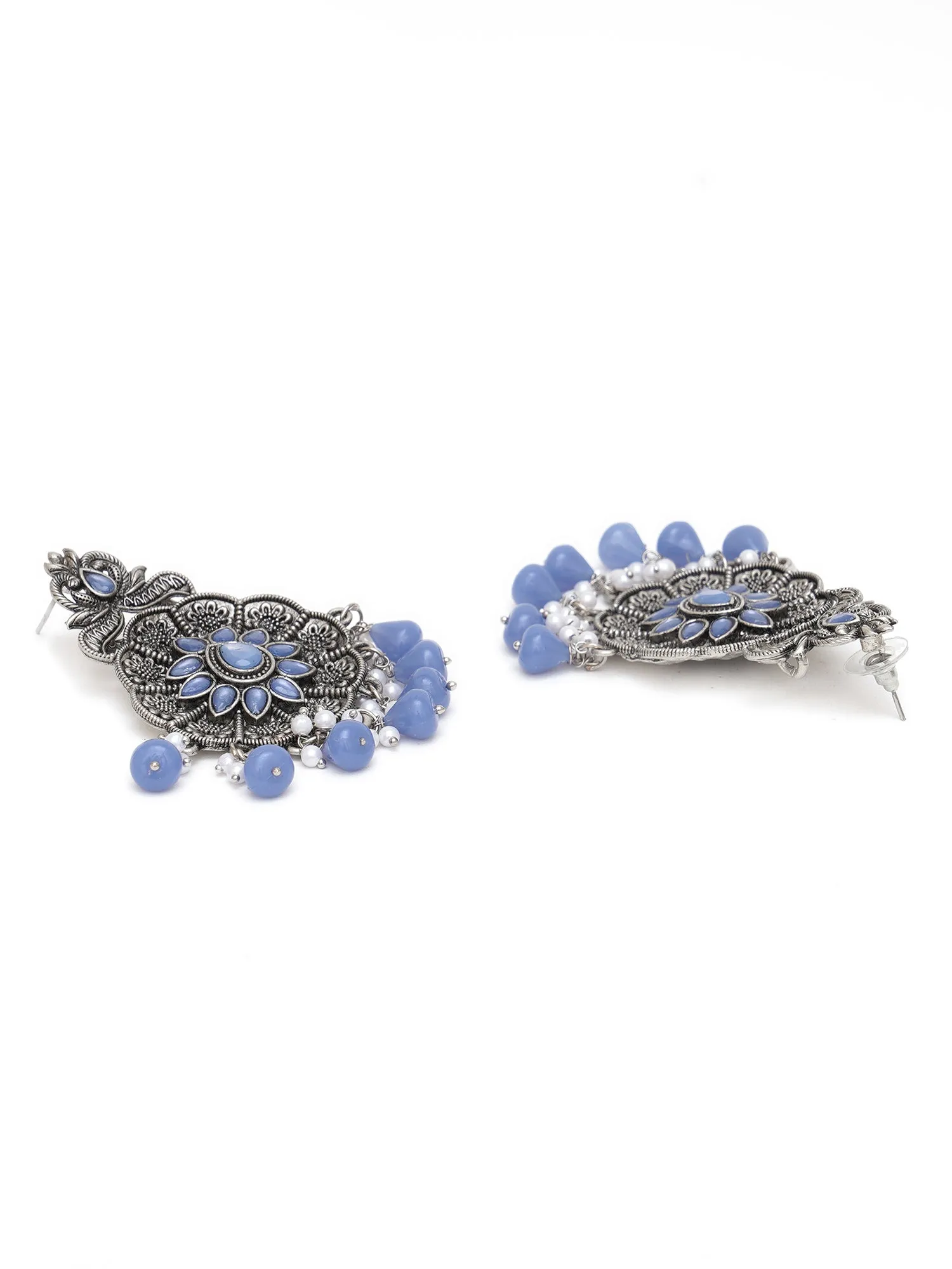 Karatcart Oxidised Silver Blue Monalisa Stone Studded Floral Dangler Earrings for Women