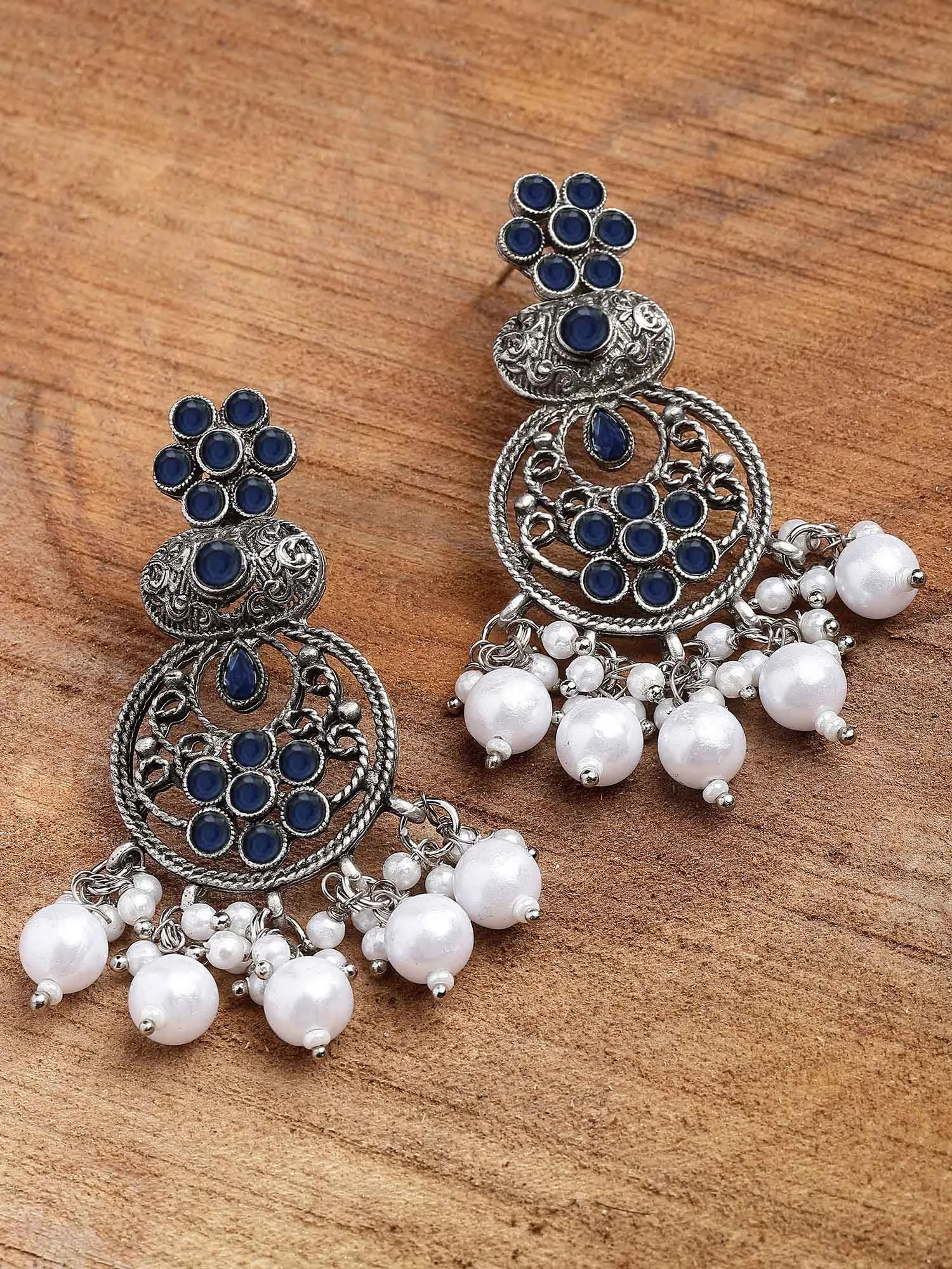 Karatcart Oxidised Silver Blue Stone and Pearl Dangler Earring for Women
