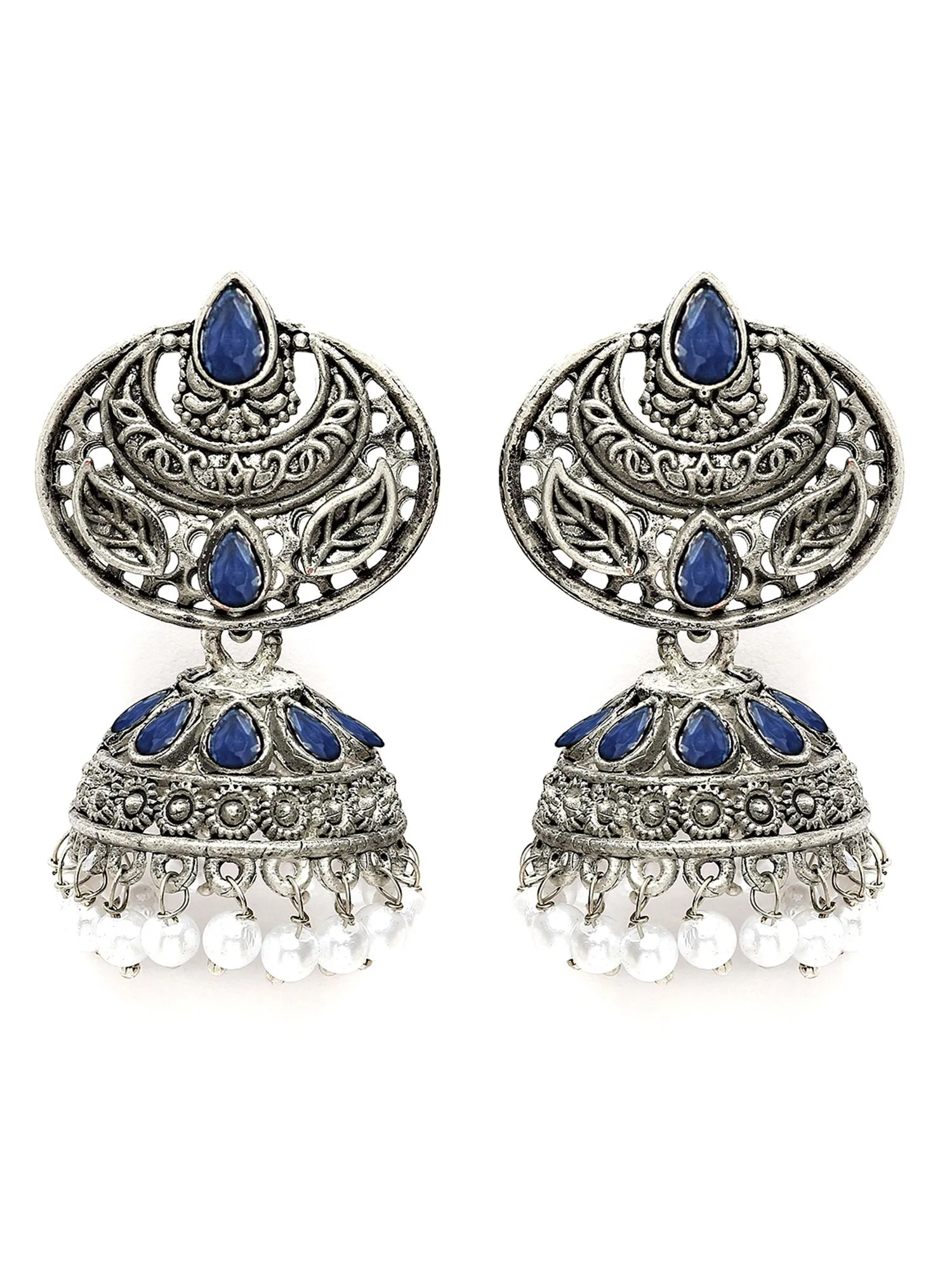 Karatcart Oxidised Silver Blue Stone and Pearl Jhumki Earring for Women