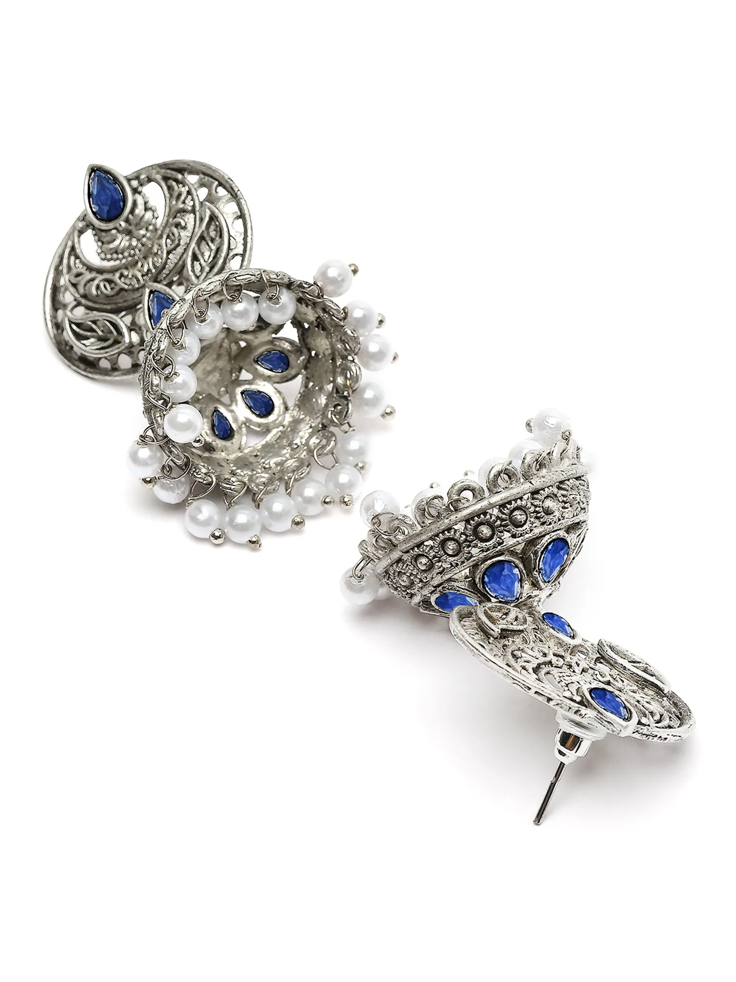 Karatcart Oxidised Silver Blue Stone and Pearl Jhumki Earring for Women