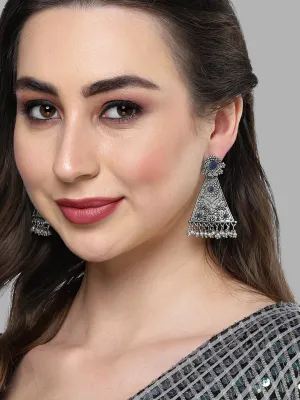Karatcart Oxidised Silver Blue Stone Floral Design Drop Earring for Women
