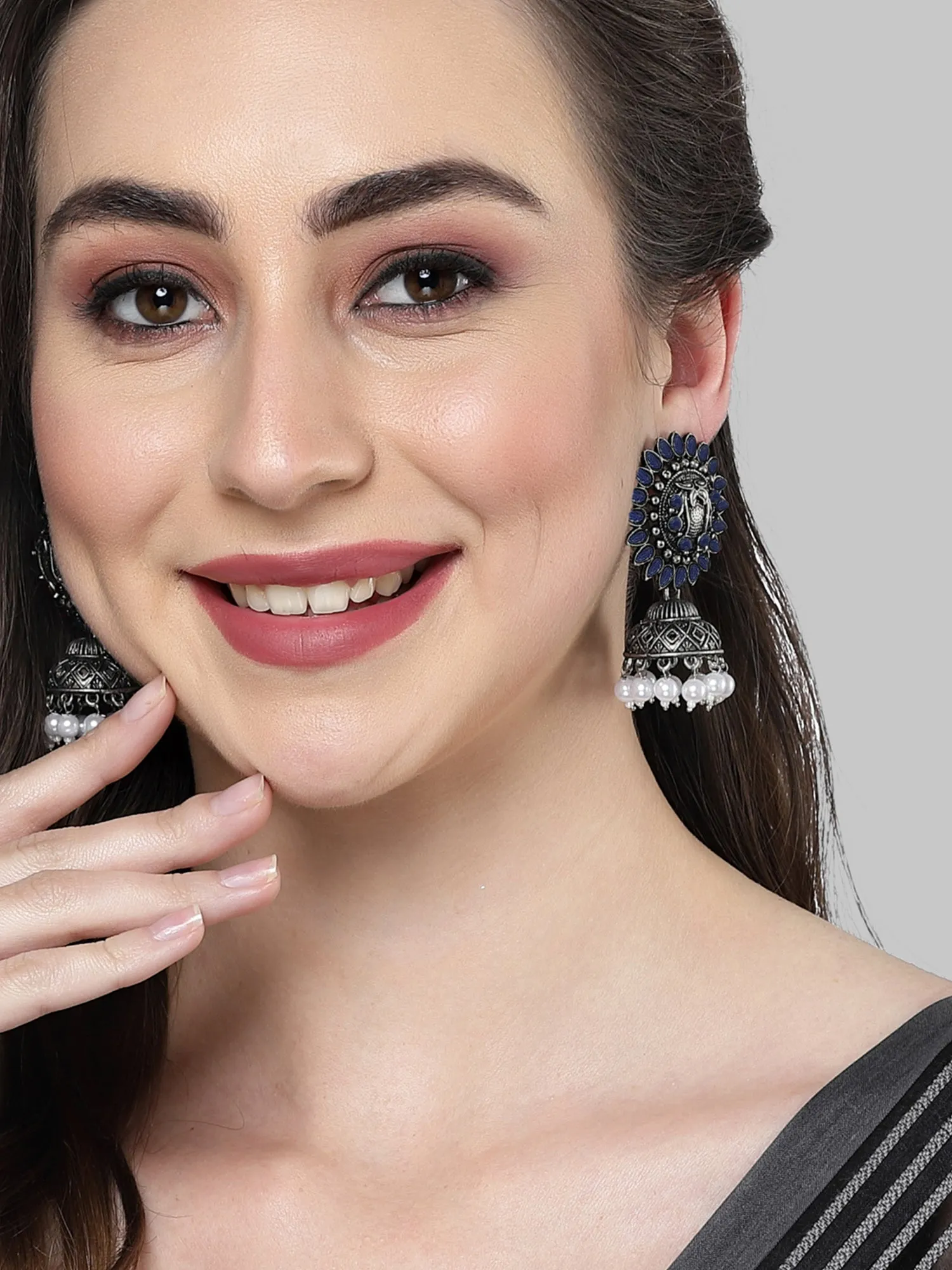 Karatcart Oxidised Silver Blue Stone Studded Jhumki Earring for Women