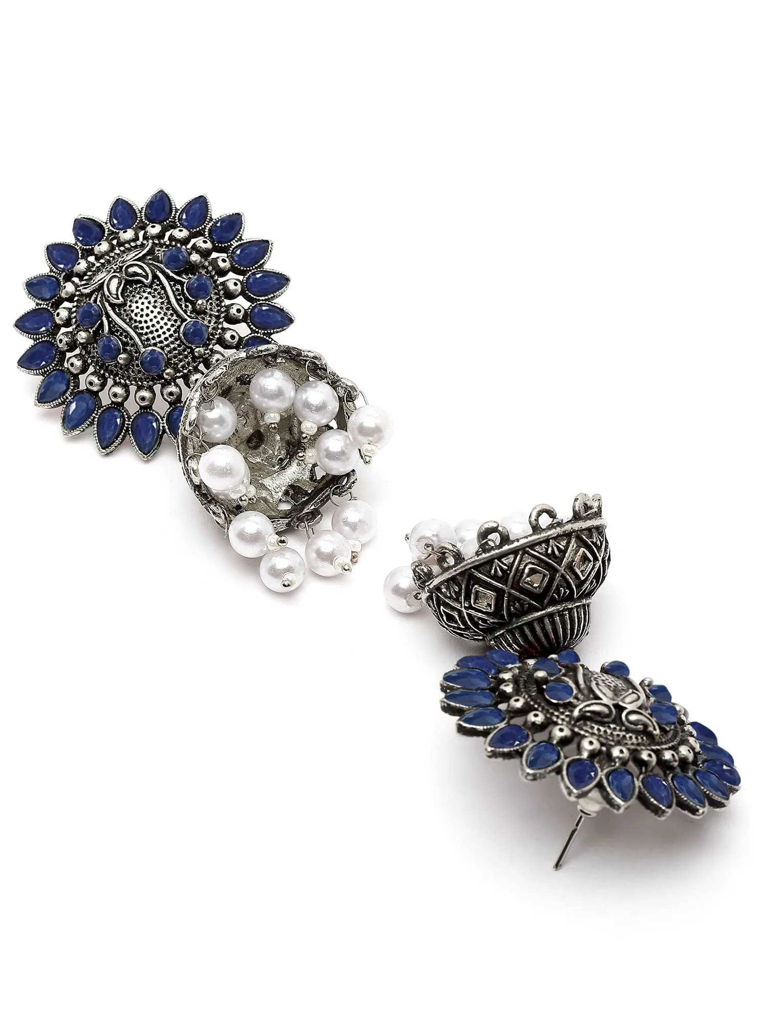 Karatcart Oxidised Silver Blue Stone Studded Jhumki Earring for Women
