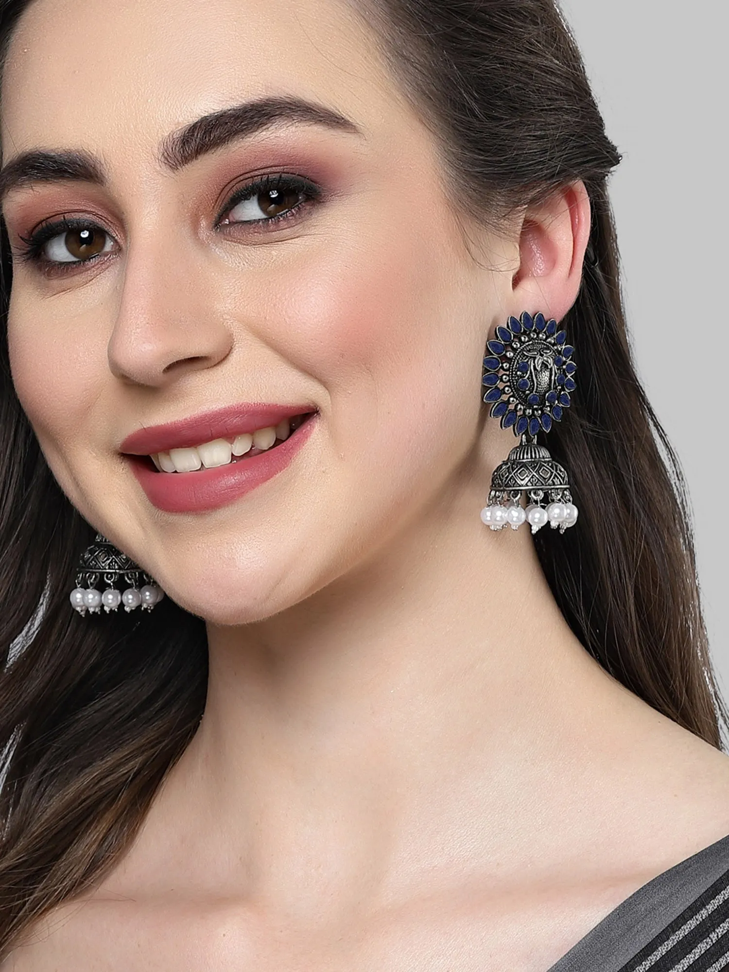Karatcart Oxidised Silver Blue Stone Studded Jhumki Earring for Women