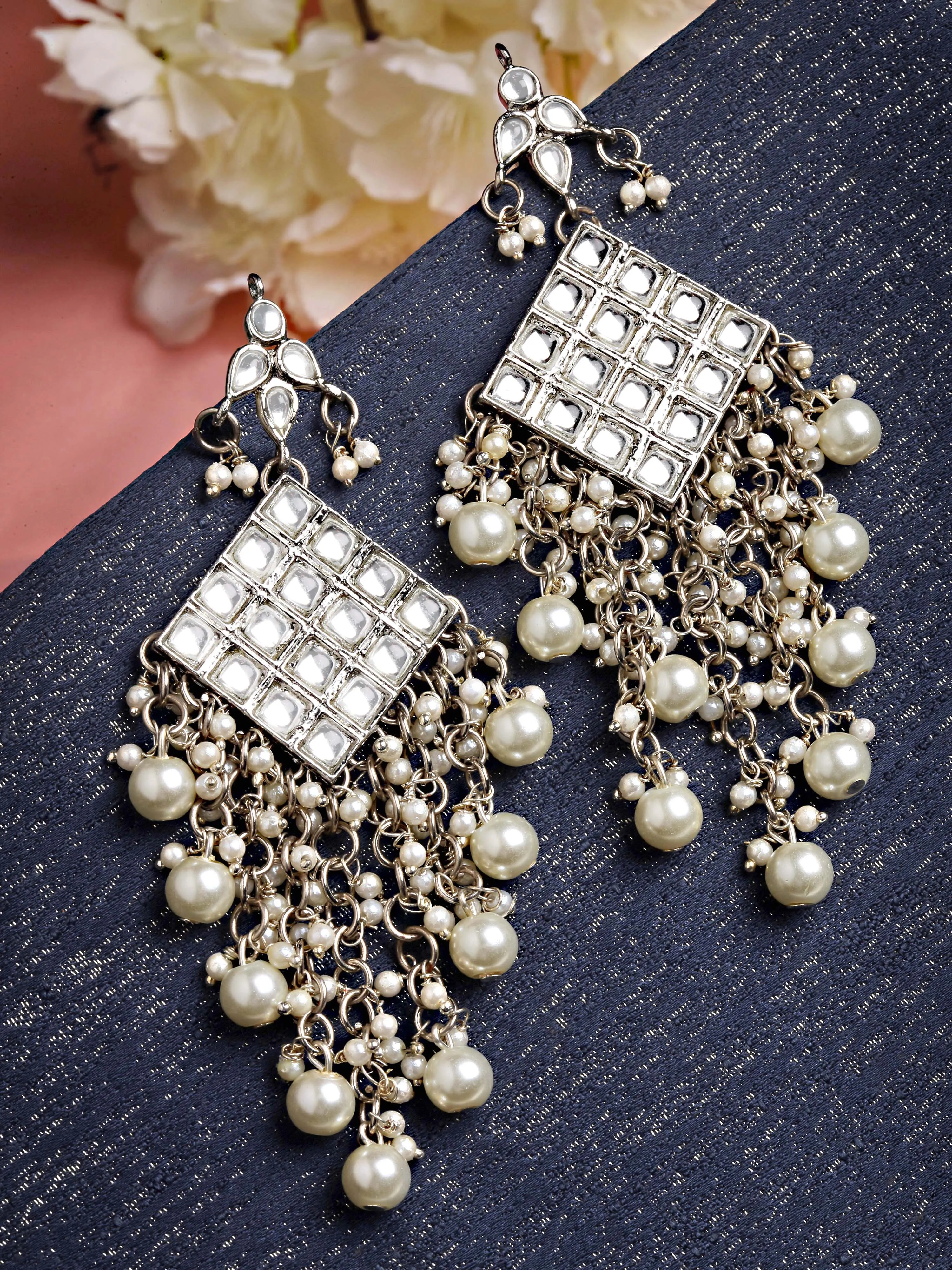 Karatcart Oxidised Silver Diamond Shape Pearl Studded Kundan Dangler Earrings for Women