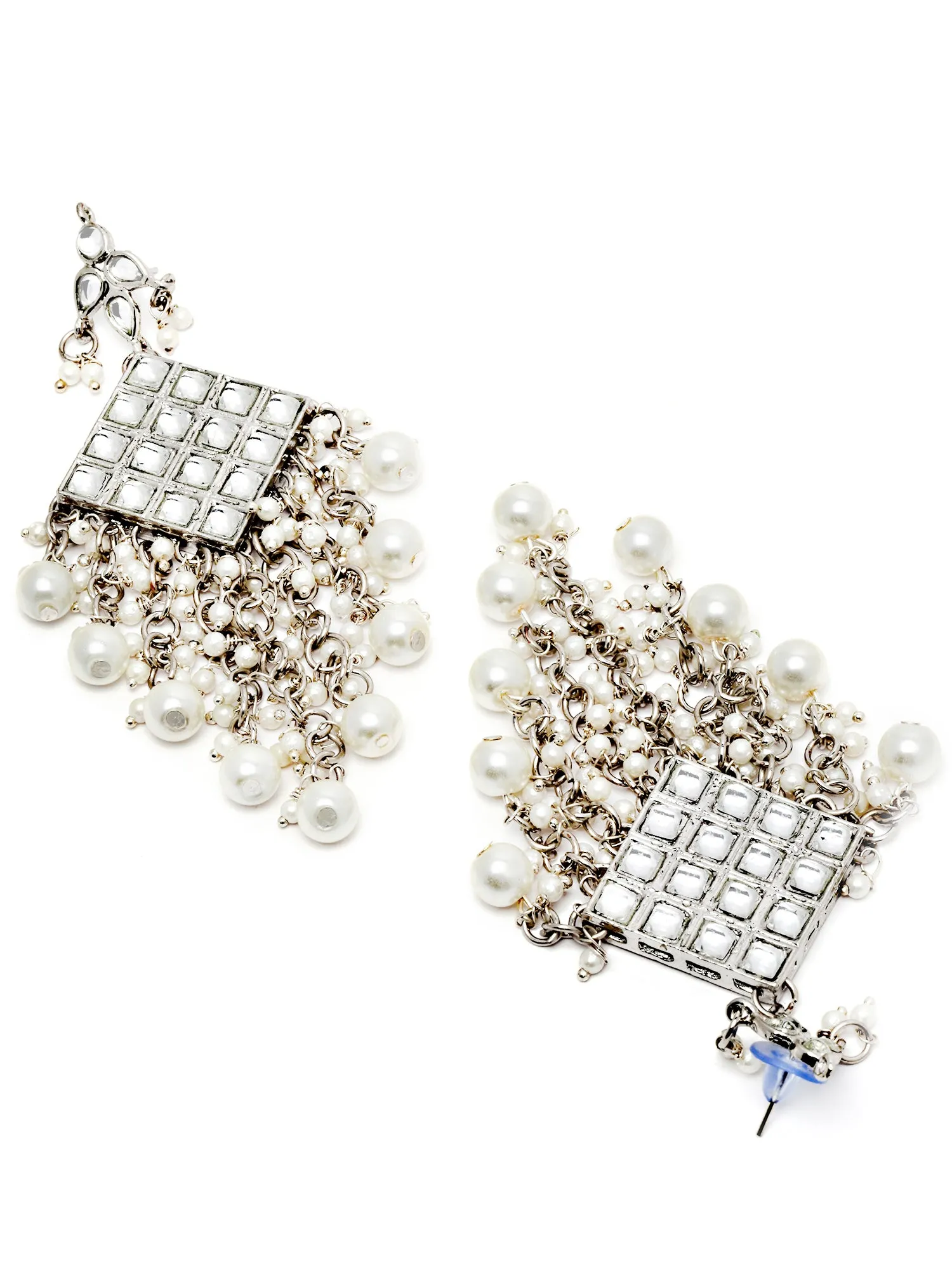 Karatcart Oxidised Silver Diamond Shape Pearl Studded Kundan Dangler Earrings for Women