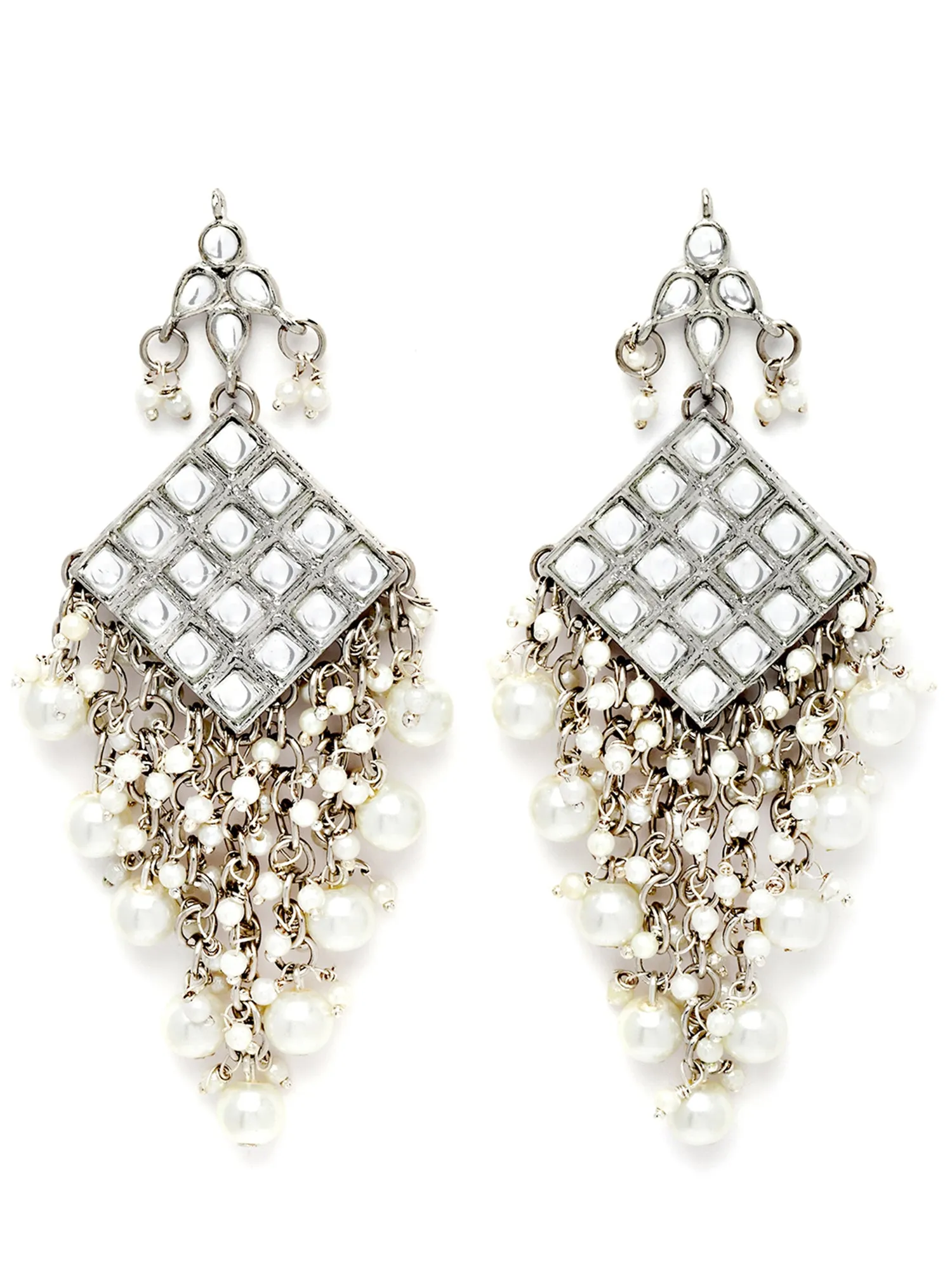 Karatcart Oxidised Silver Diamond Shape Pearl Studded Kundan Dangler Earrings for Women