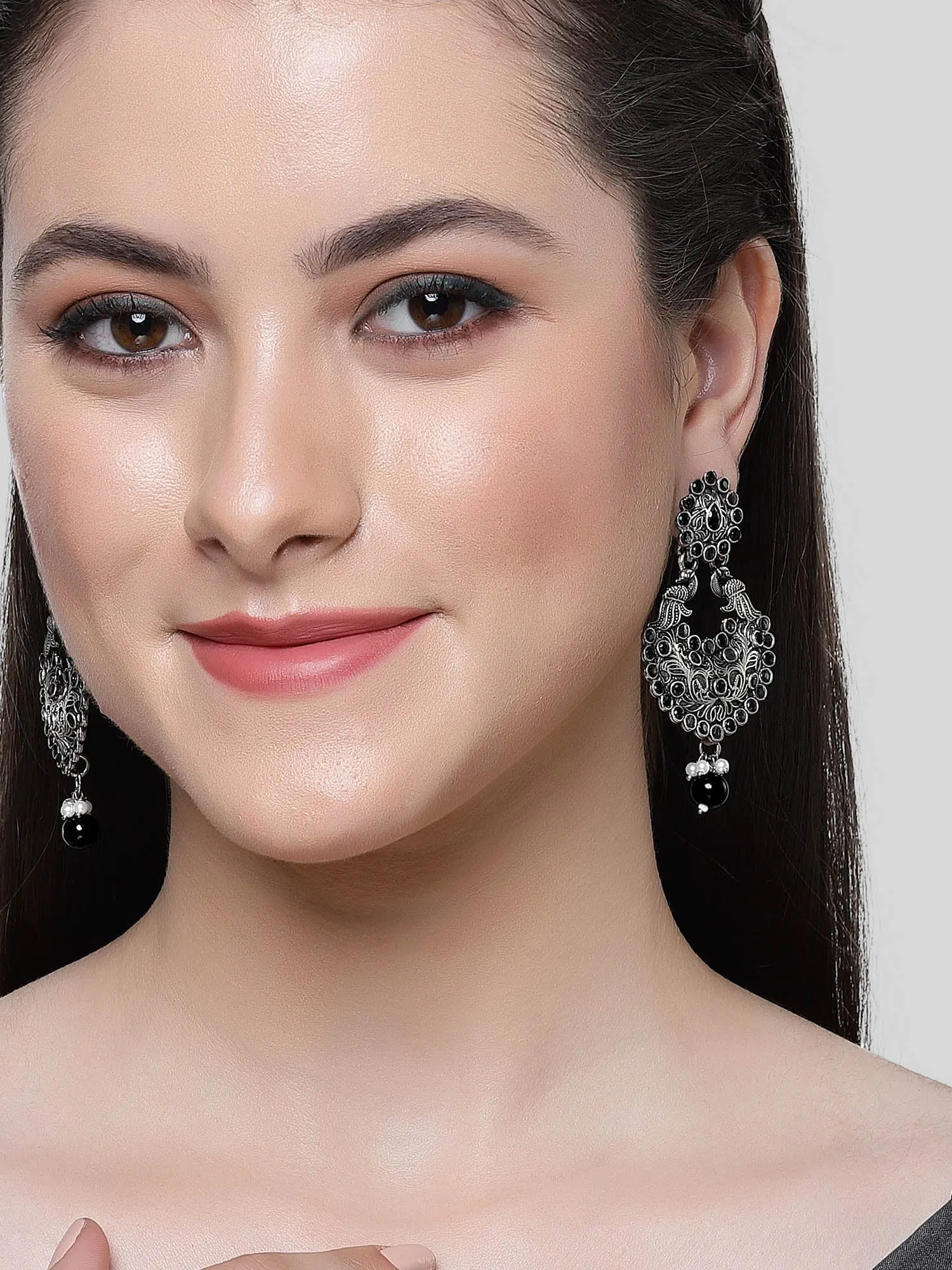 Karatcart Oxidised Silver Drop Shape Peacock Black Stone Dangler Earring for Women