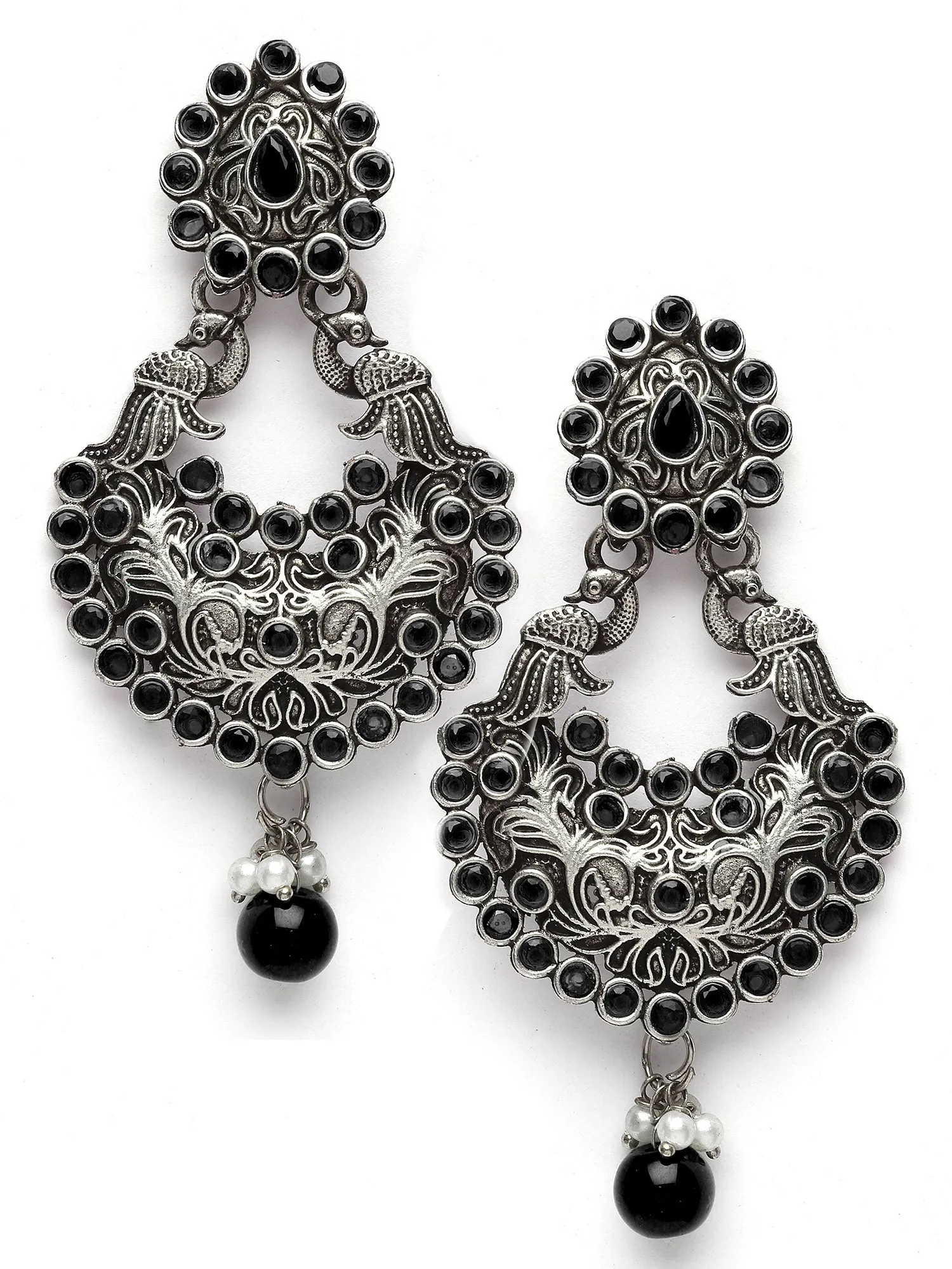 Karatcart Oxidised Silver Drop Shape Peacock Black Stone Dangler Earring for Women