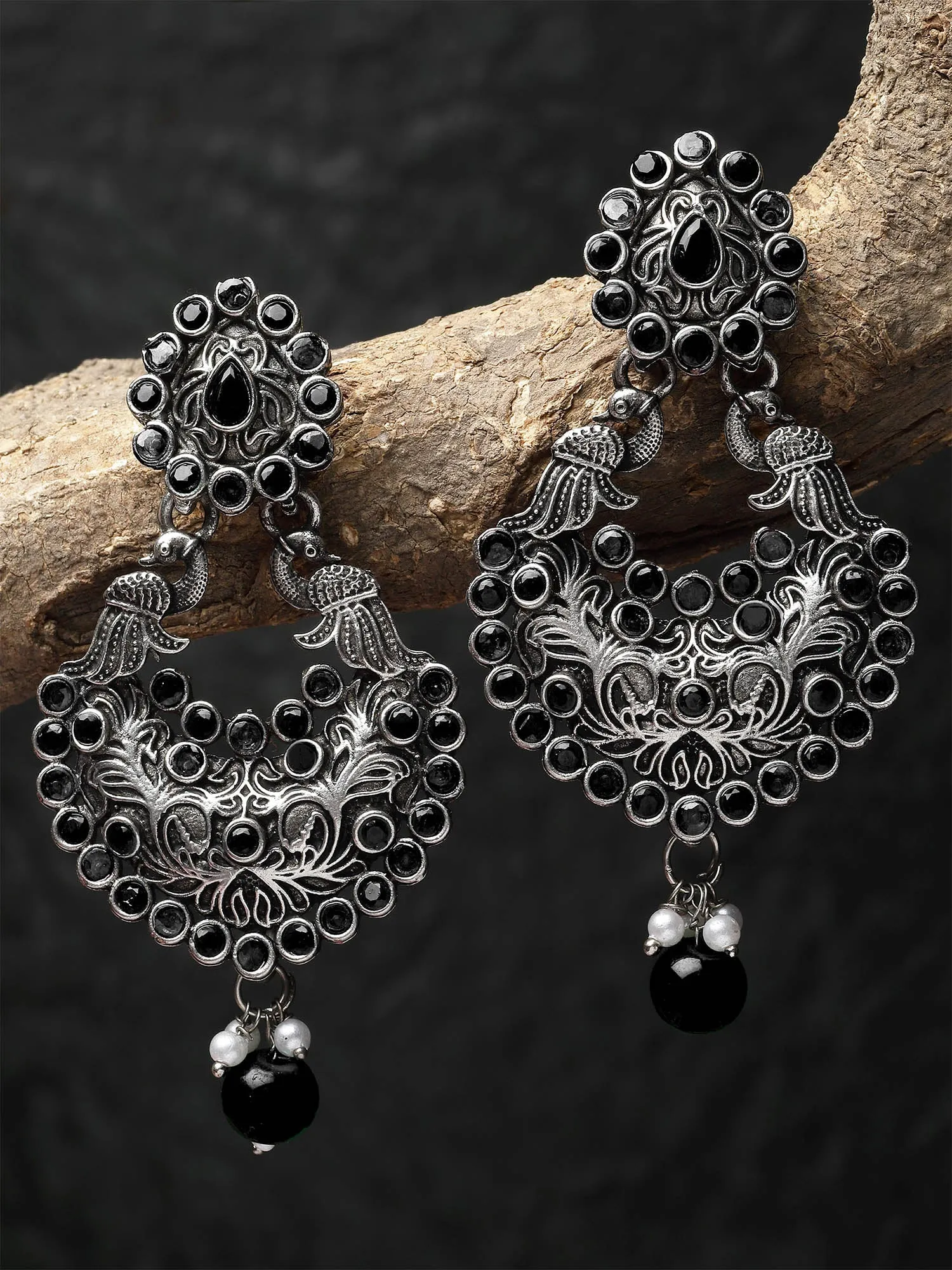 Karatcart Oxidised Silver Drop Shape Peacock Black Stone Dangler Earring for Women