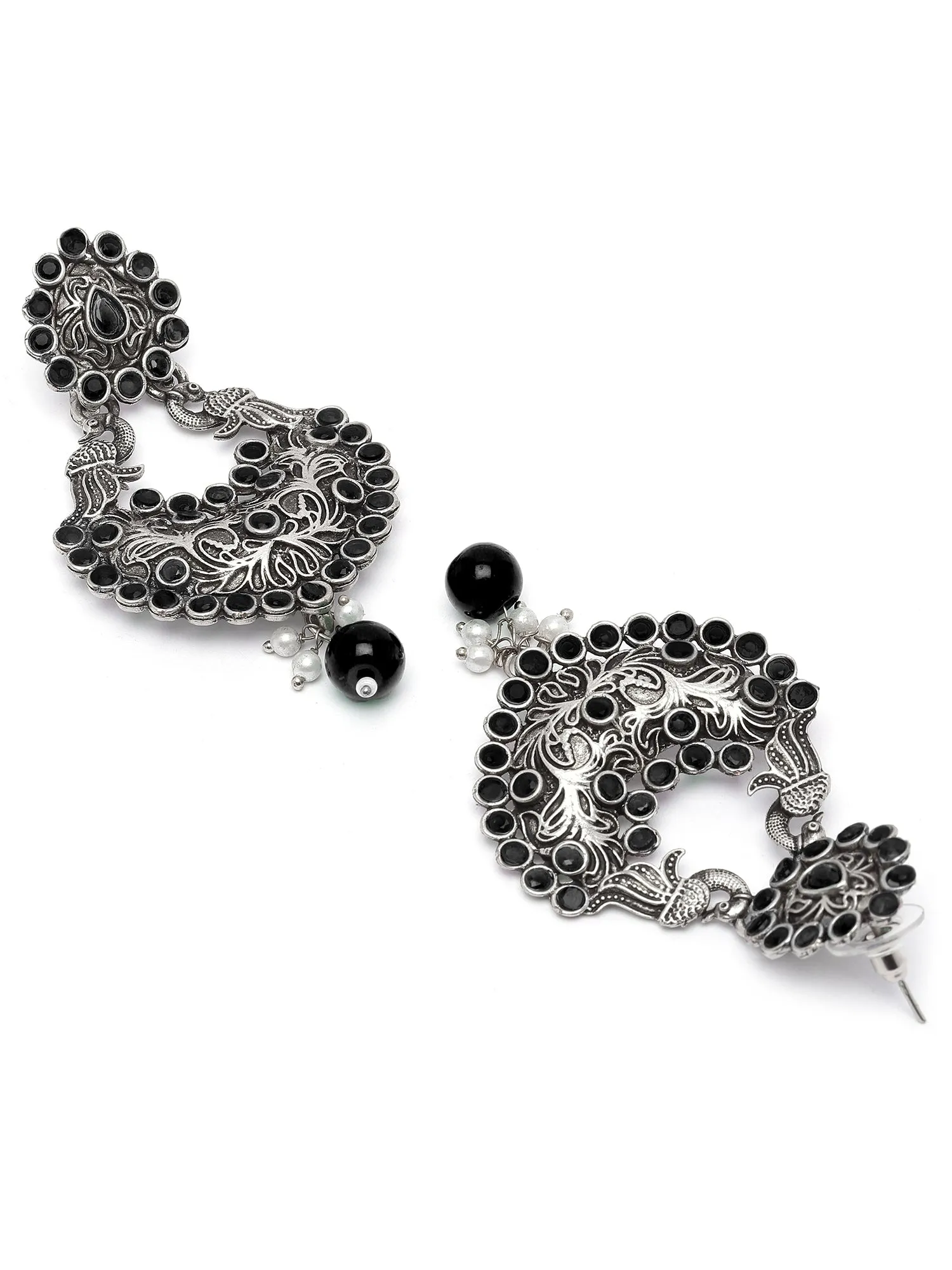 Karatcart Oxidised Silver Drop Shape Peacock Black Stone Dangler Earring for Women