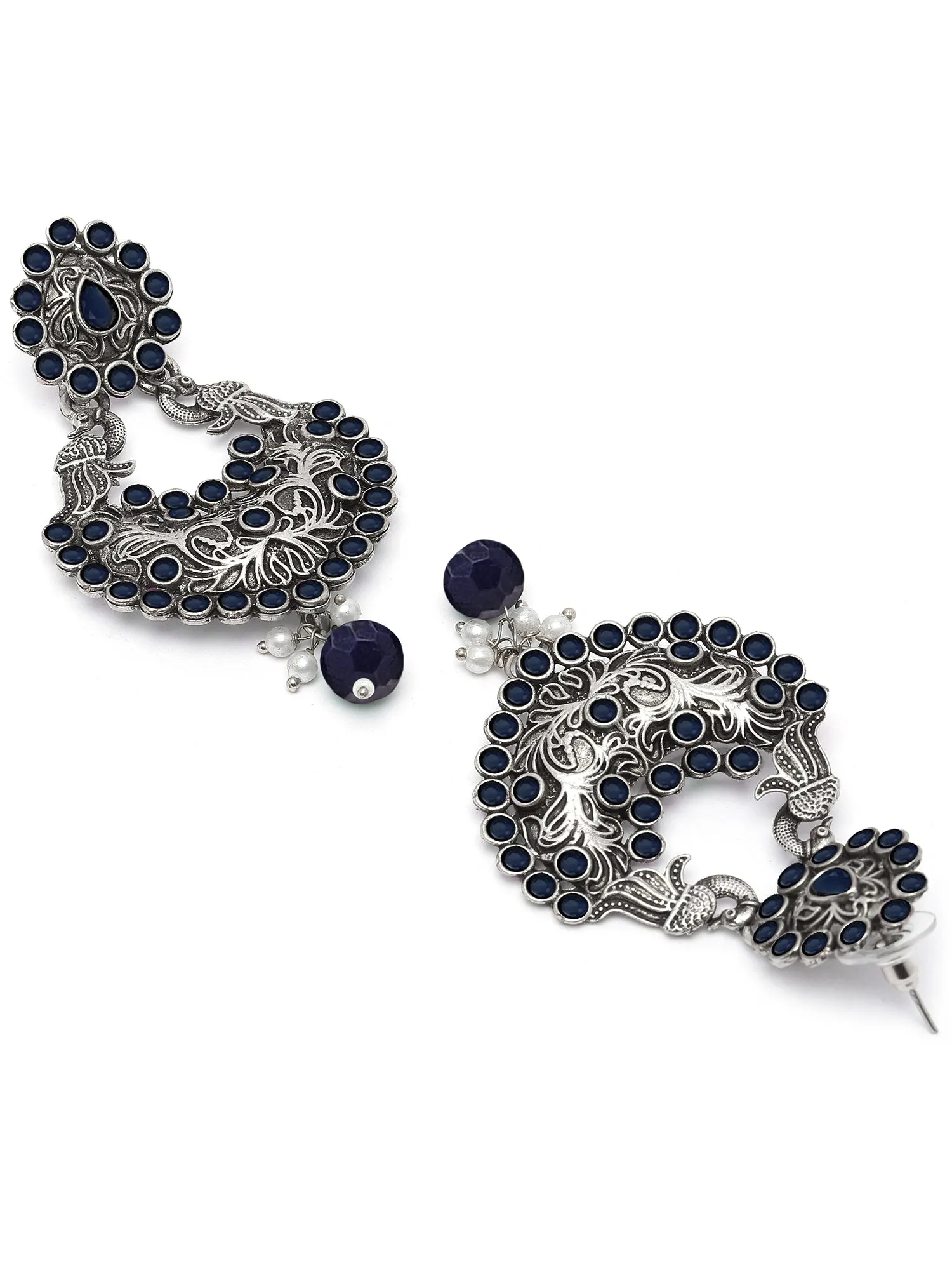 Karatcart Oxidised Silver Drop Shape Peacock Blue Stone Dangler Earring for Women