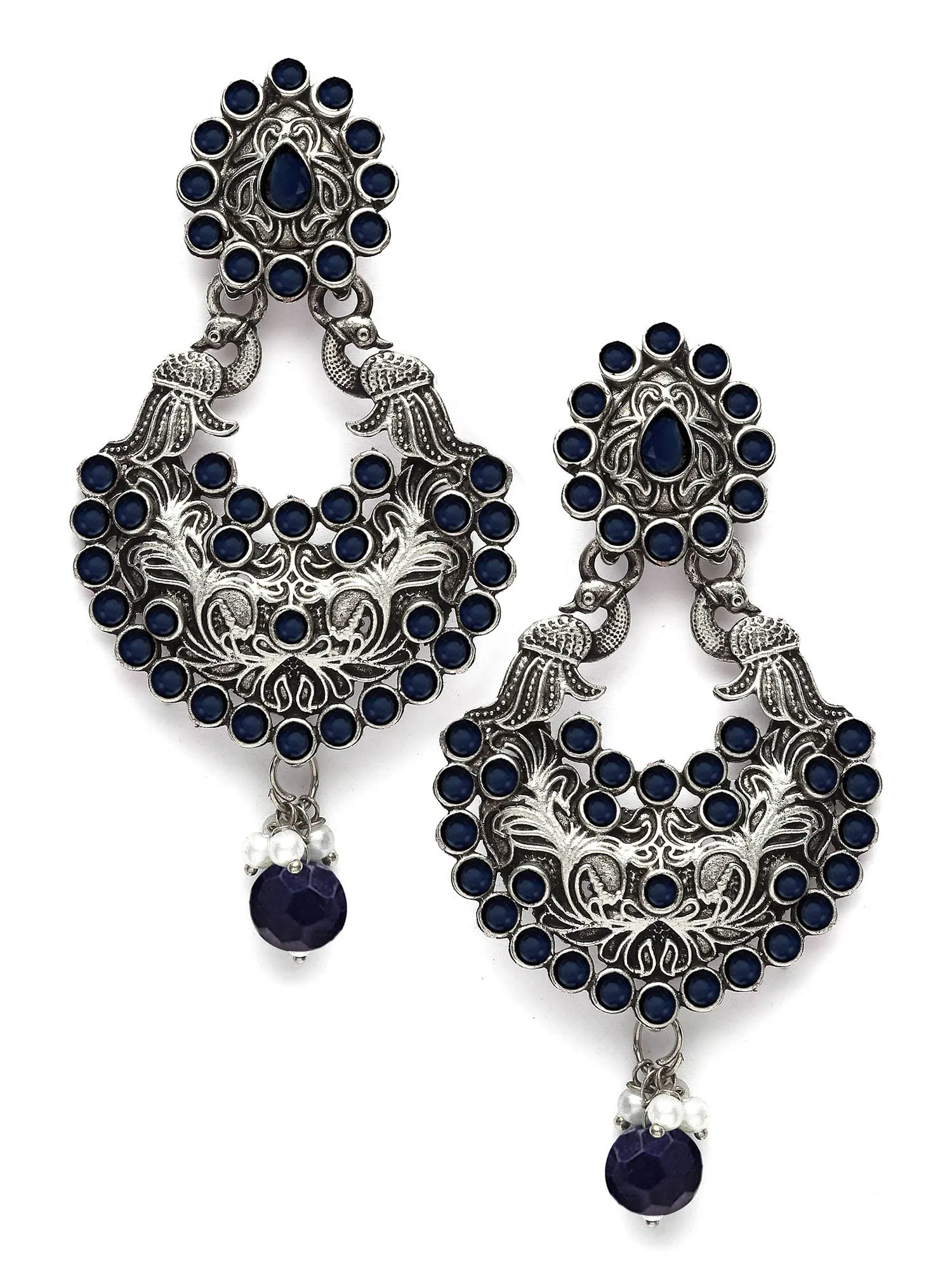 Karatcart Oxidised Silver Drop Shape Peacock Blue Stone Dangler Earring for Women