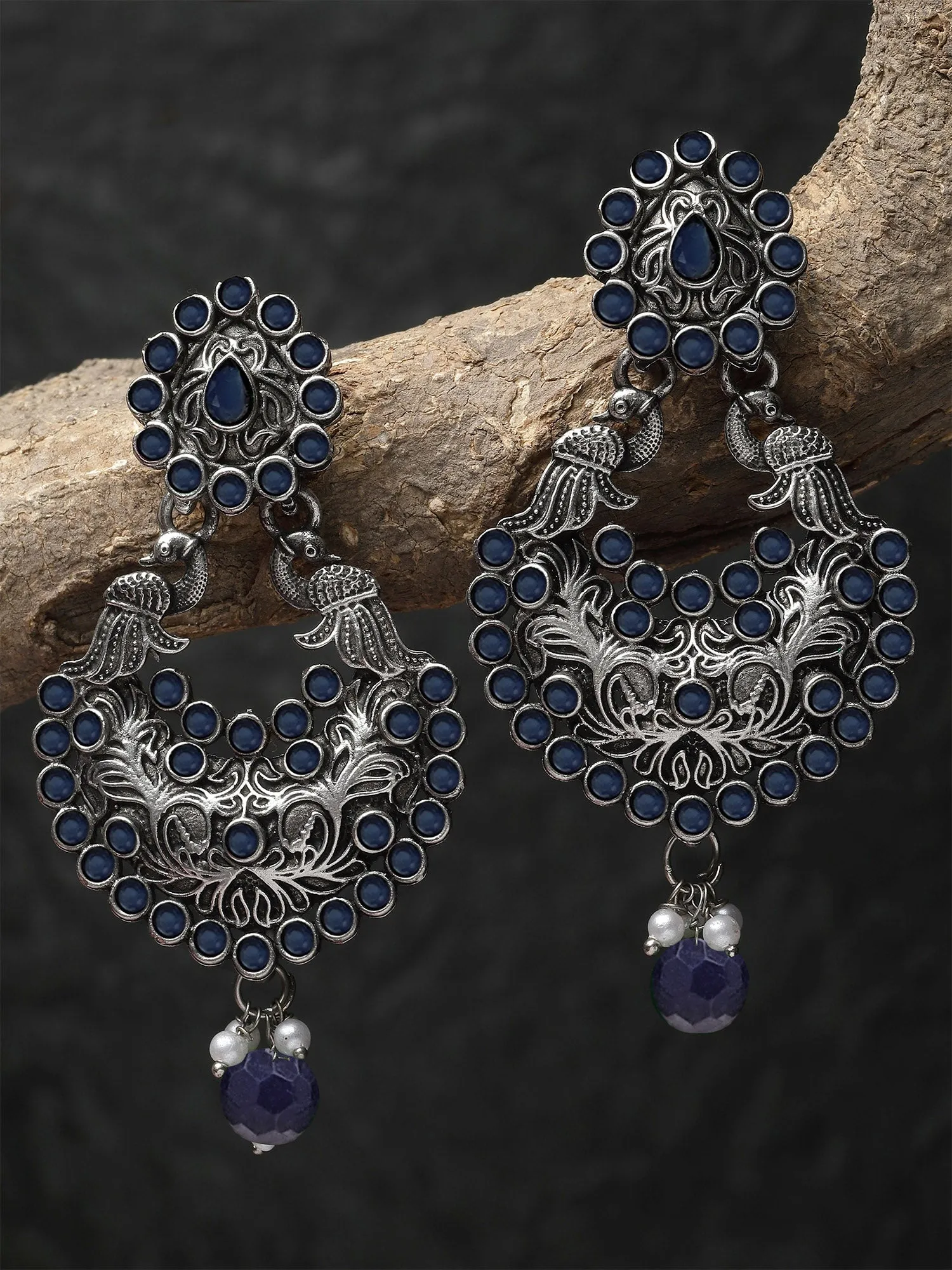Karatcart Oxidised Silver Drop Shape Peacock Blue Stone Dangler Earring for Women