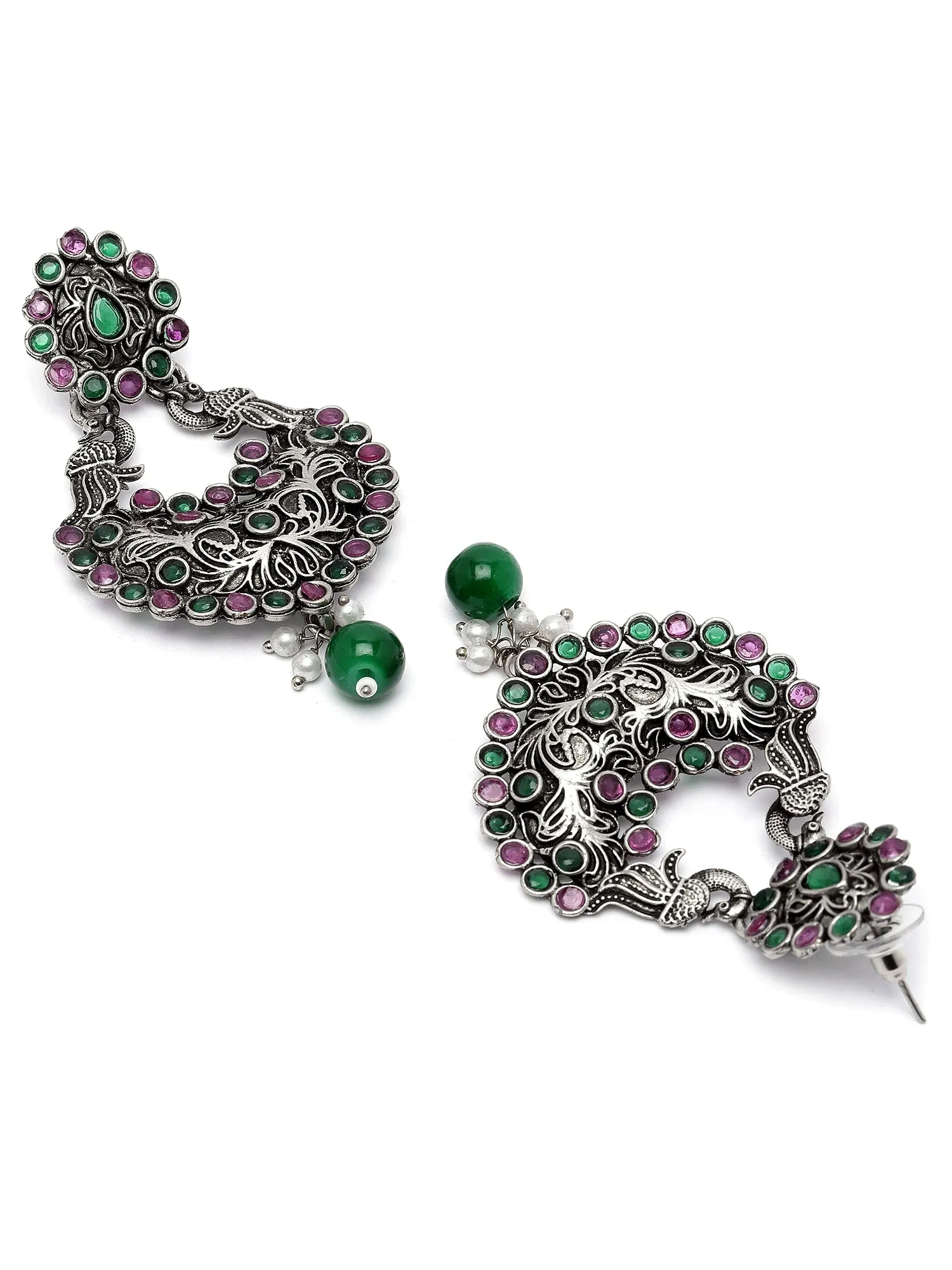 Karatcart Oxidised Silver Drop Shape Peacock Purple and Green Stone Dangler Earring for Women