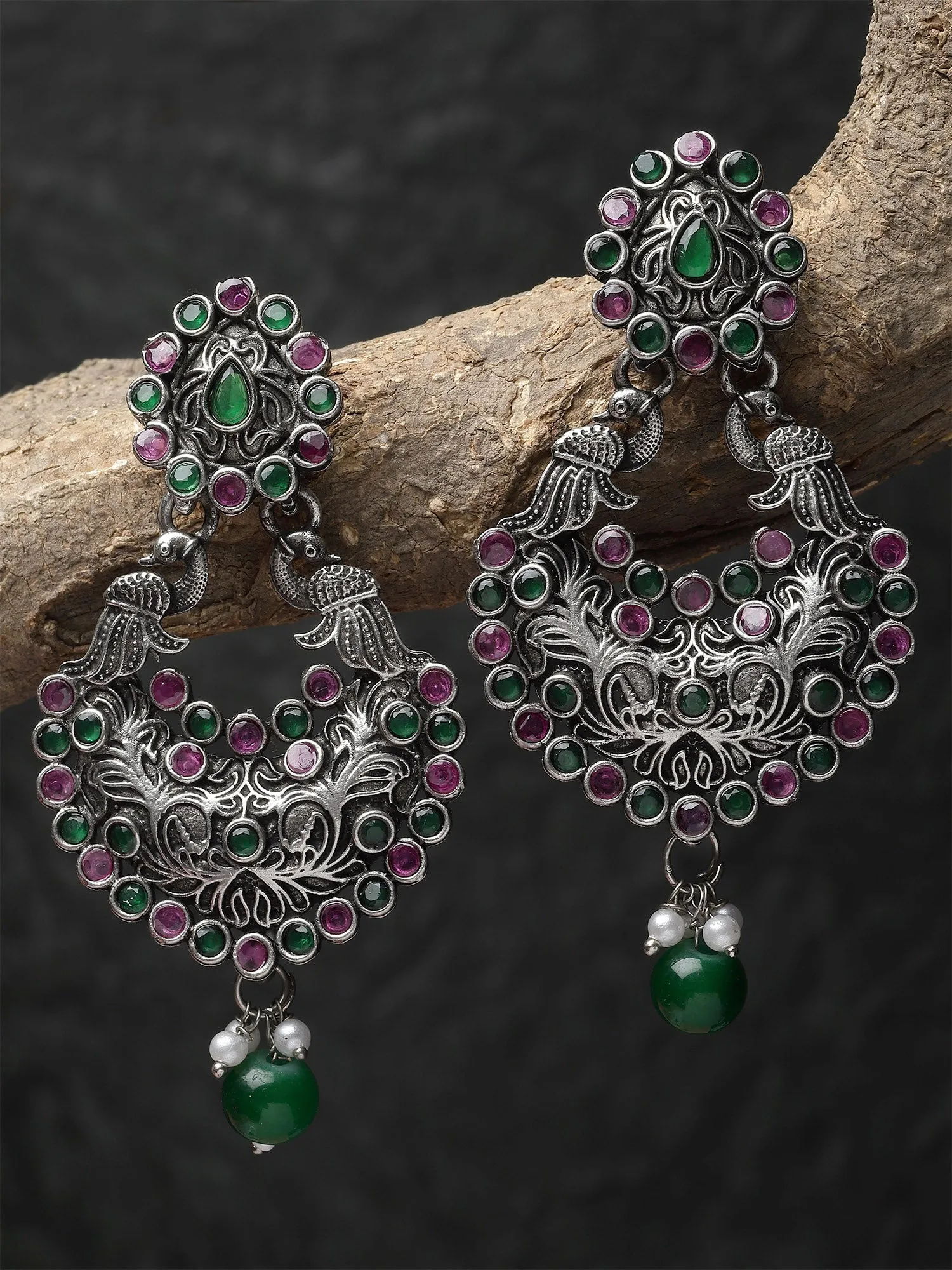 Karatcart Oxidised Silver Drop Shape Peacock Purple and Green Stone Dangler Earring for Women