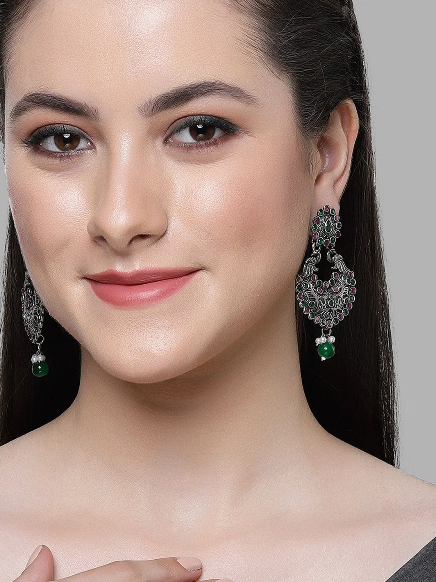 Karatcart Oxidised Silver Drop Shape Peacock Purple and Green Stone Dangler Earring for Women