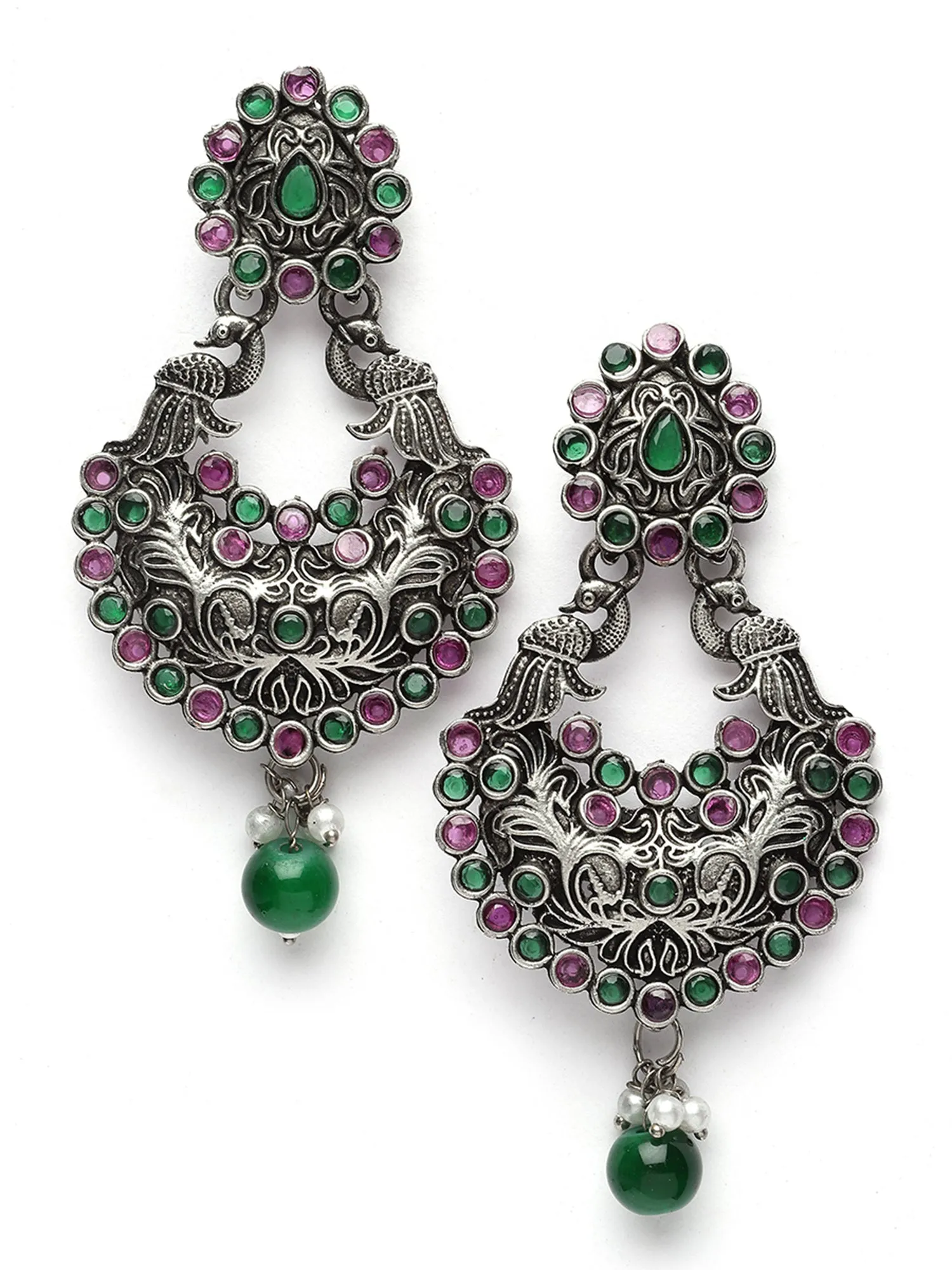 Karatcart Oxidised Silver Drop Shape Peacock Purple and Green Stone Dangler Earring for Women