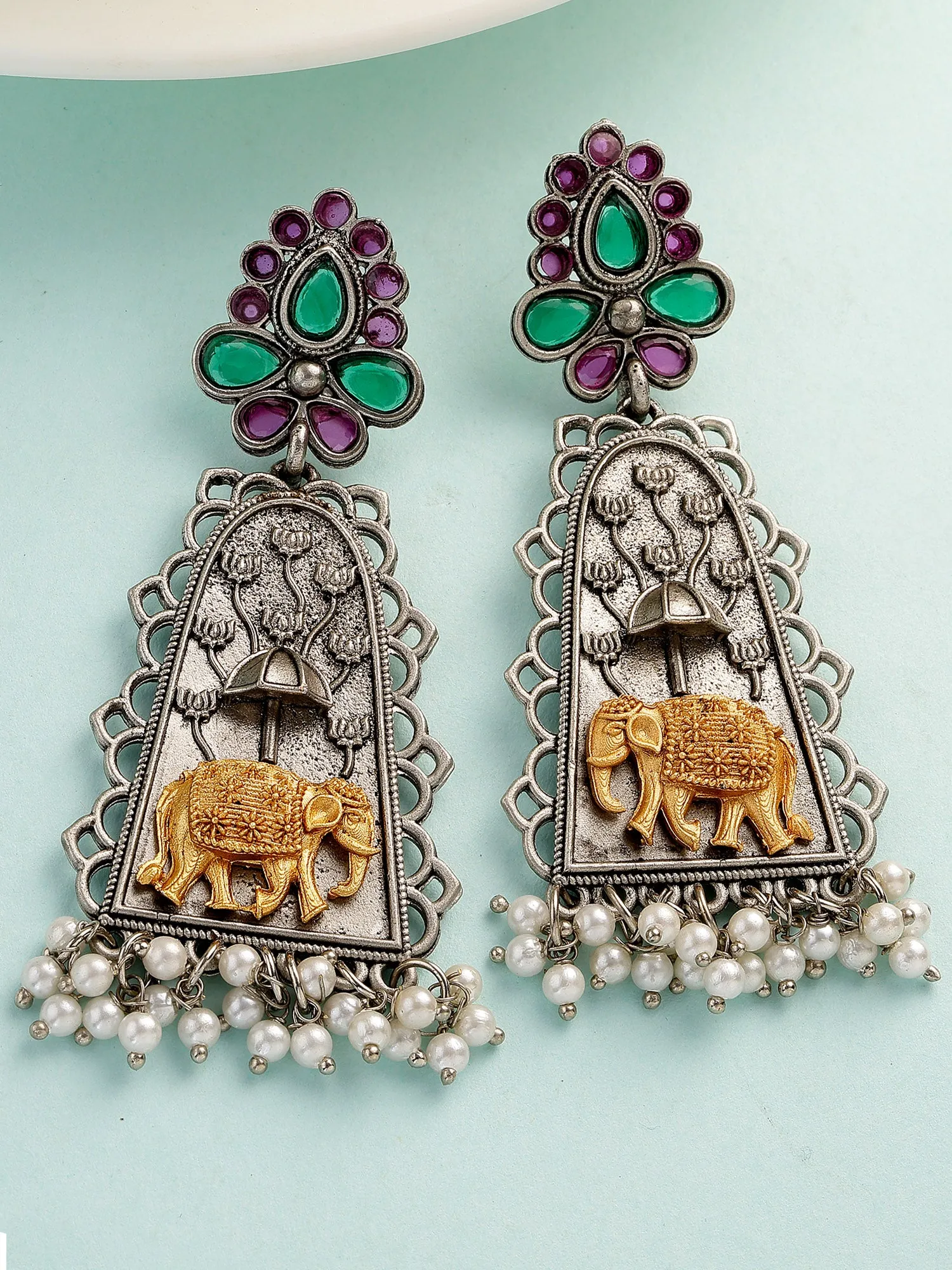 Karatcart Oxidised Silver Elephant Design Drop Earrings for Women