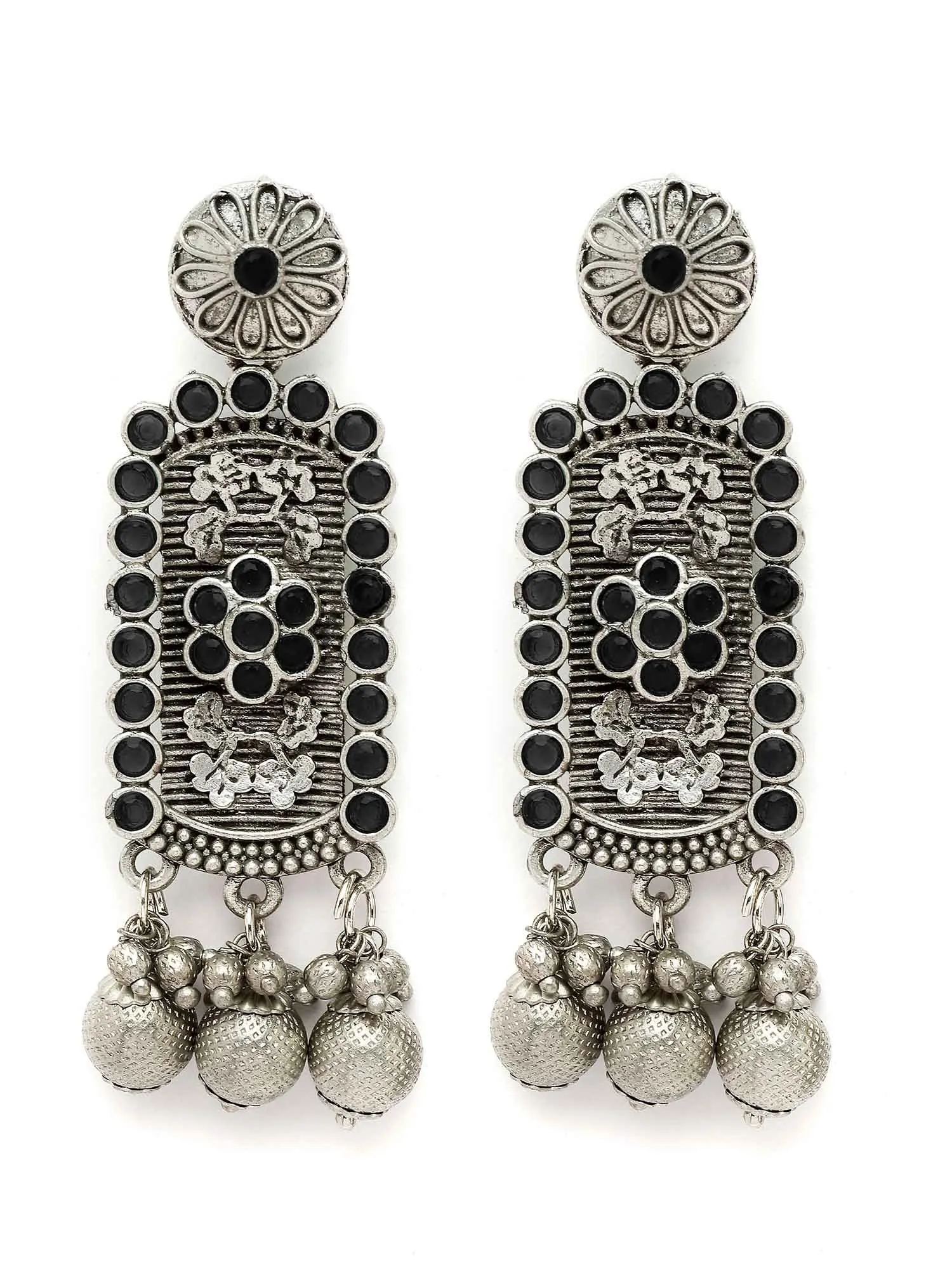 Karatcart Oxidised Silver Floral Black Stone Drop Earring for Women