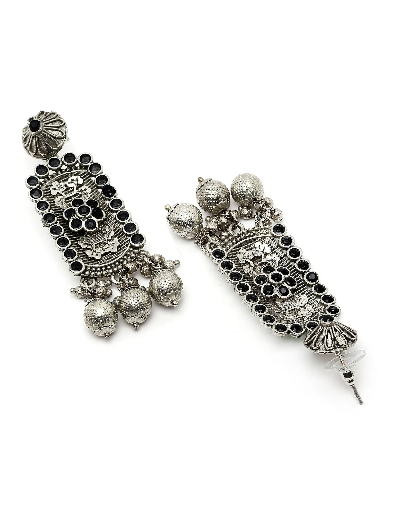 Karatcart Oxidised Silver Floral Black Stone Drop Earring for Women