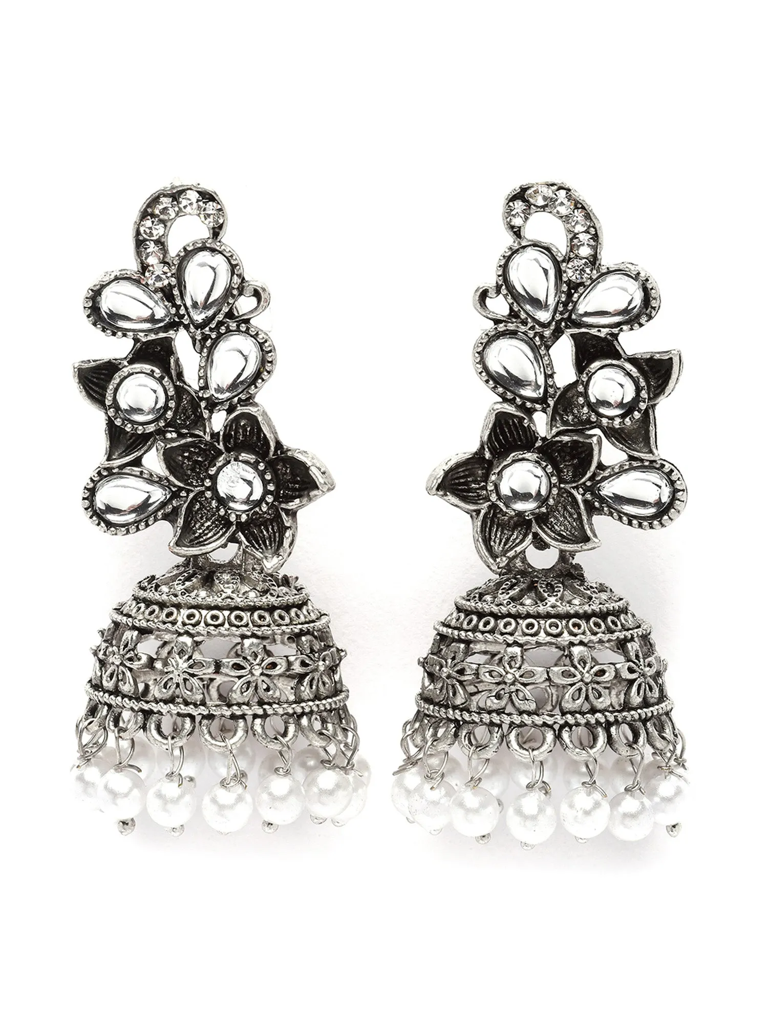 Karatcart Oxidised Silver Floral Dangler Earrings for Women